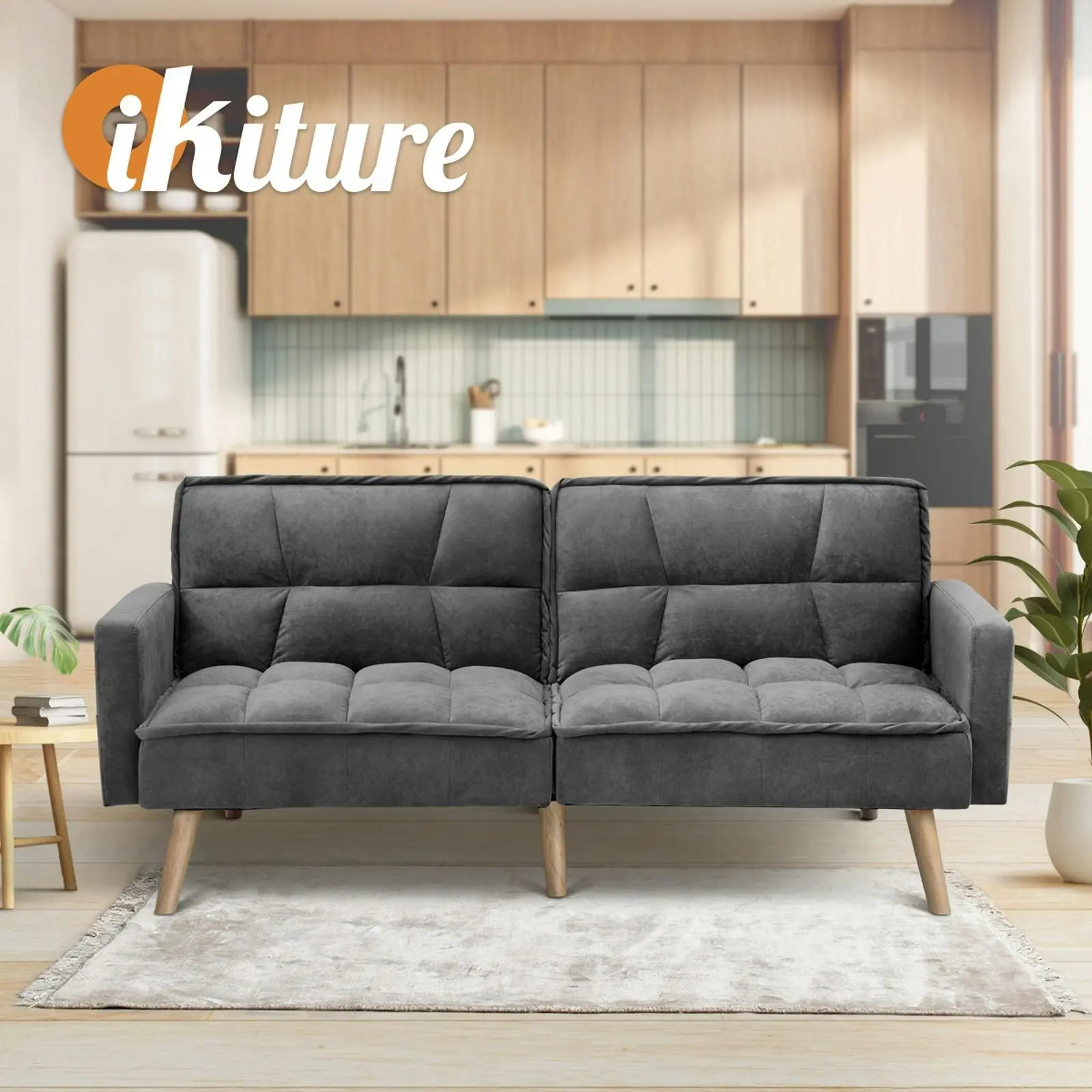 Oikiture Sofa Bed Futon Convertible Velvet Lounge Couch 3-Seater Recliner Grey