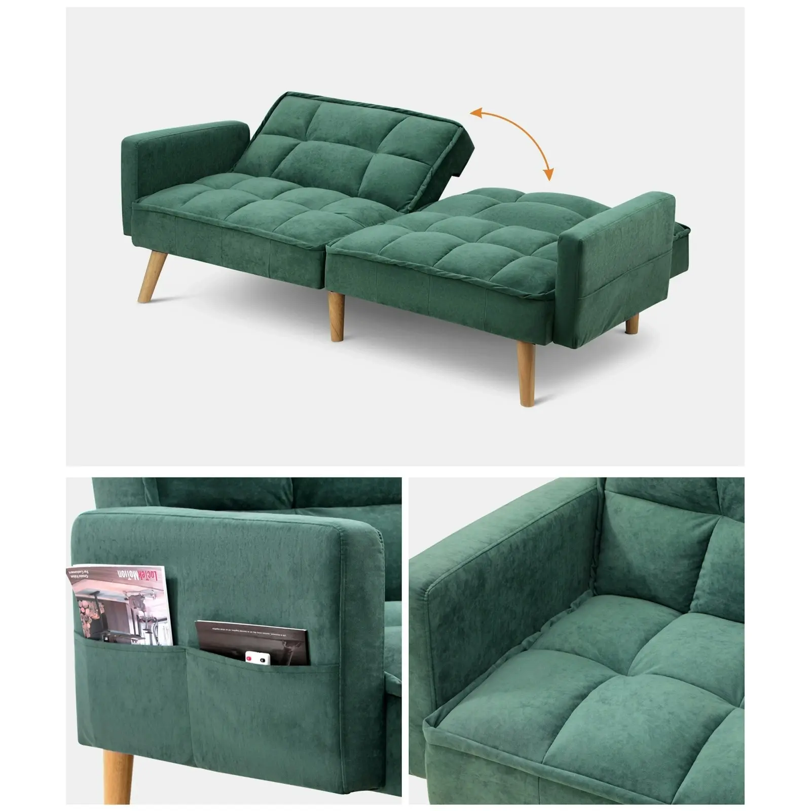 Oikiture Sofa Bed Futon Convertible Velvet Lounge Couch 3-Seater Recliner Green