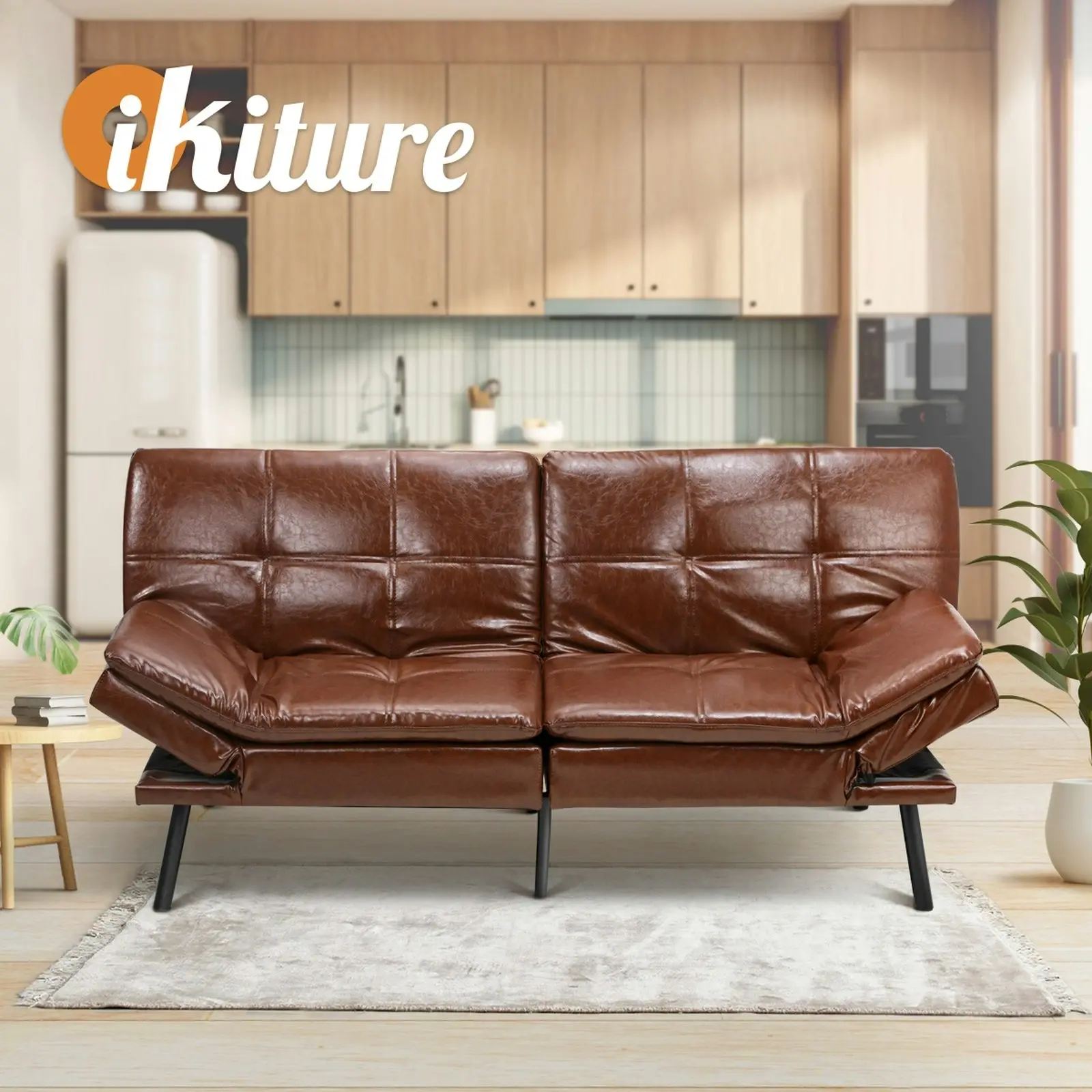 Oikiture Sofa Bed Futon Recliner Lounge Couch Convertible Leather 3-Seater Brown