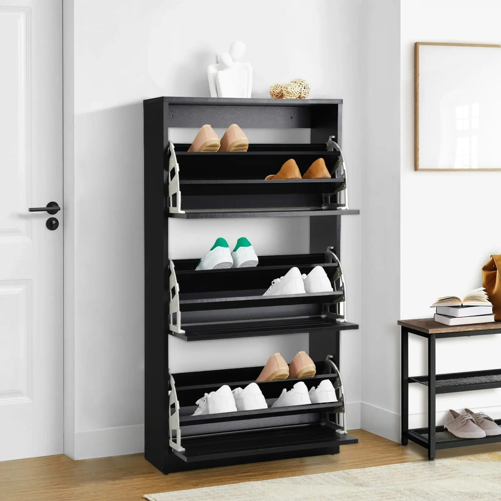 Oikiture Shoe Rack Shoes Storage Cabinet Organiser Shelf 3 Doors 45 Pairs Black