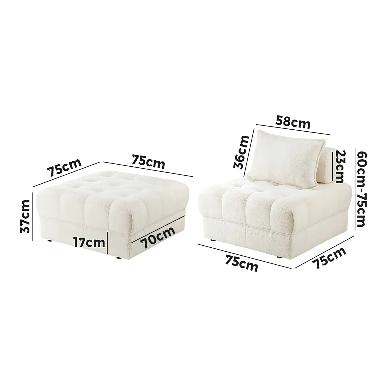 Oikiture 2 Seater Boucle Modular Sofa & Ottoman Set Armless TOFU Back White