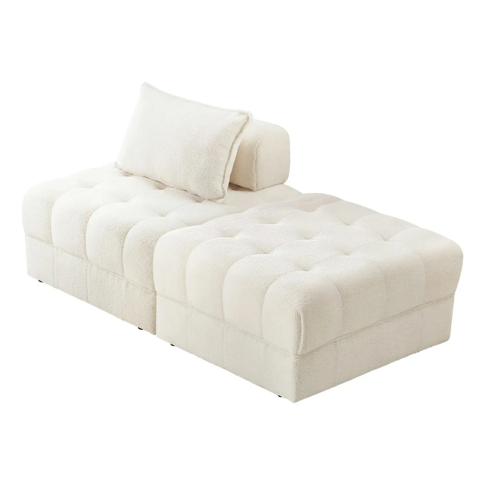 Oikiture 2 Seater Boucle Modular Sofa & Ottoman Set Armless TOFU Back White