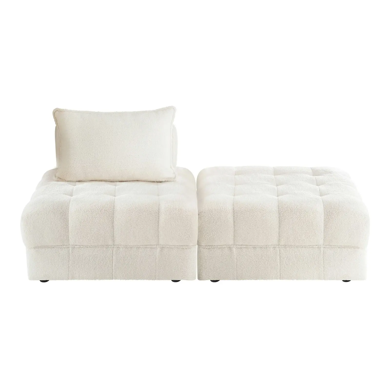 Oikiture 2 Seater Boucle Modular Sofa & Ottoman Set Armless TOFU Back White