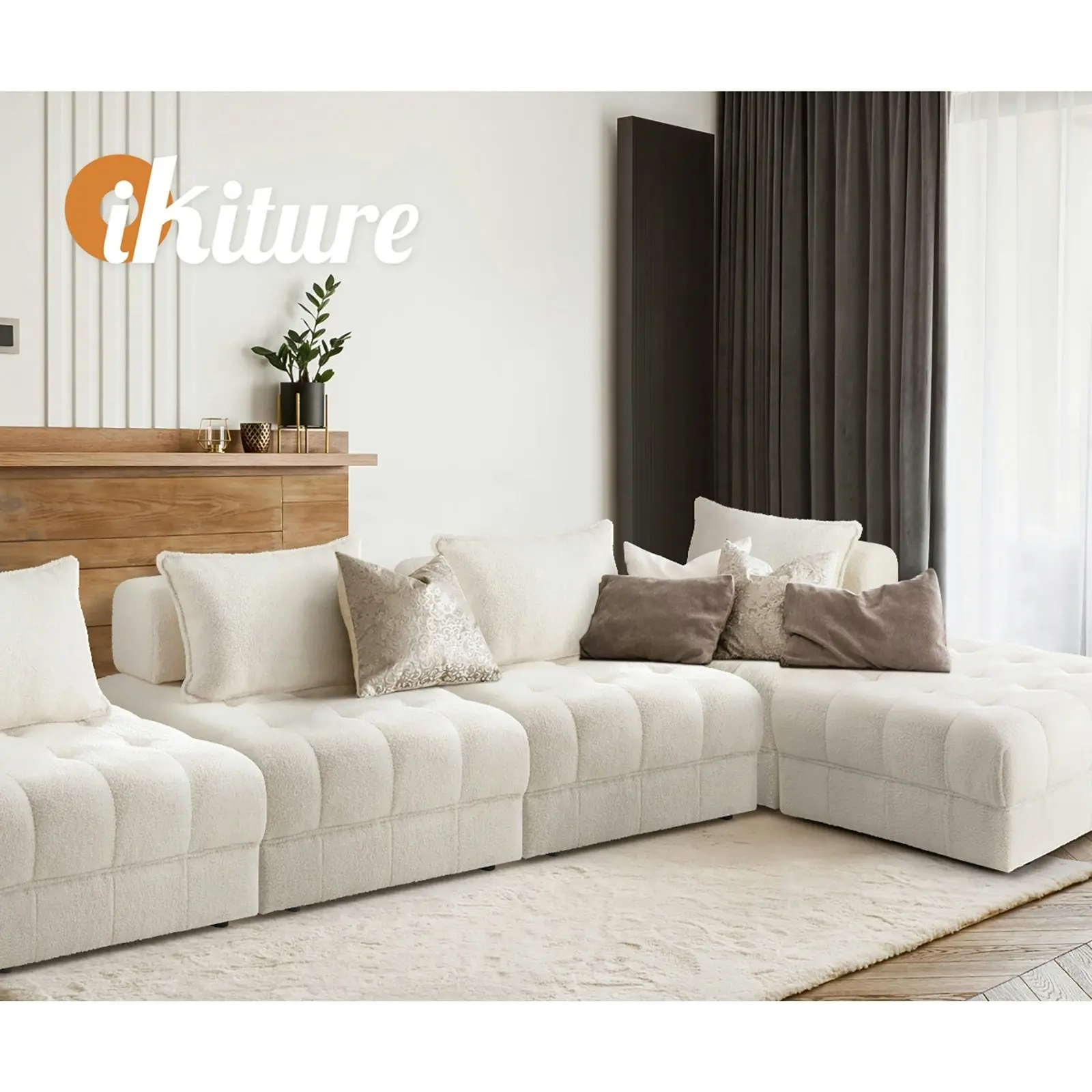 Oikiture 2 Seater Boucle Modular Sofa & Ottoman Set Armless TOFU Back White