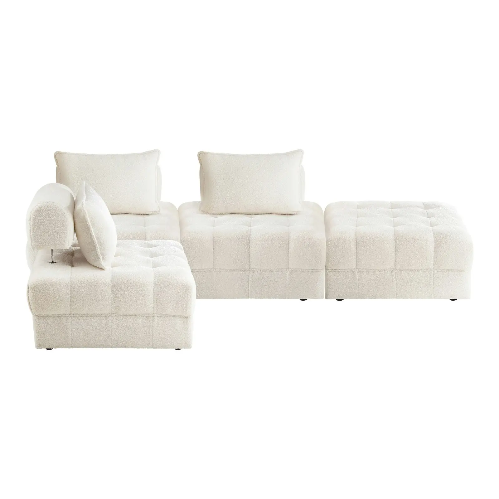 Oikiture 4 Seater Boucle Modular Sofa & Ottoman Set Armless TOFU Back White