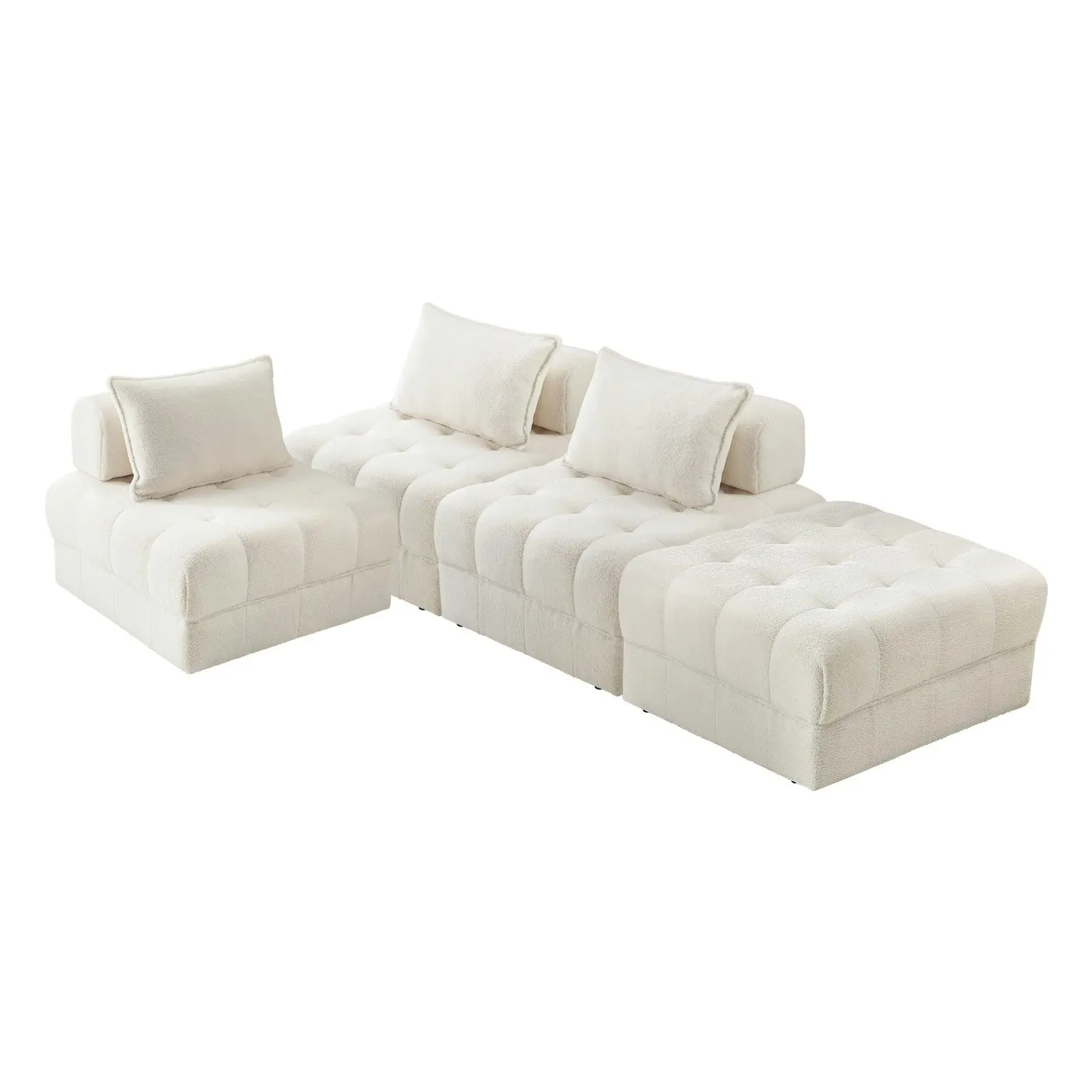 Oikiture 4 Seater Boucle Modular Sofa & Ottoman Set Armless TOFU Back White