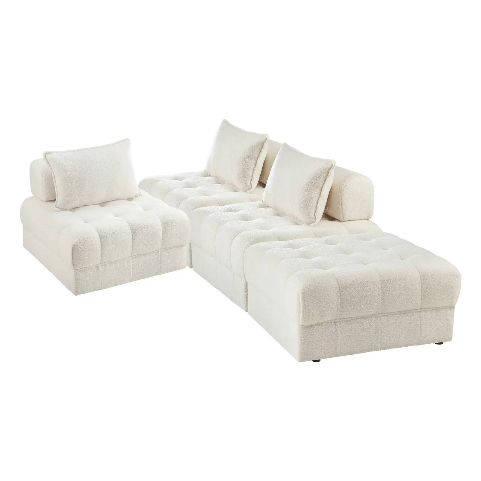 Oikiture 4 Seater Boucle Modular Sofa & Ottoman Set Armless TOFU Back White