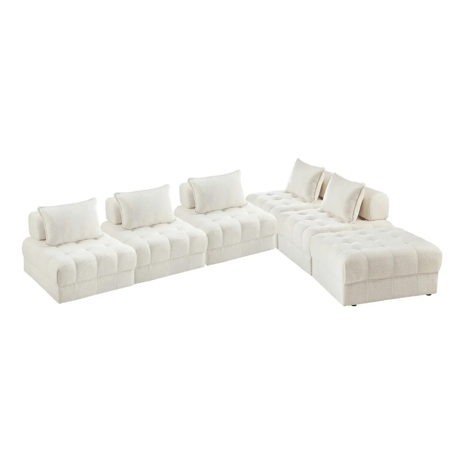 Oikiture 6 Seater Boucle Modular Sofa & Ottoman Set Armless TOFU Back White