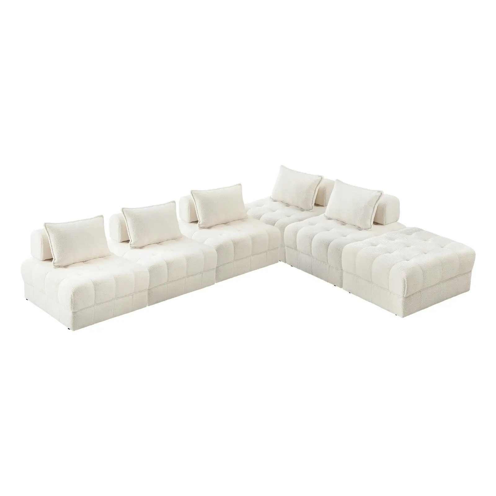 Oikiture 6 Seater Boucle Modular Sofa & Ottoman Set Armless TOFU Back White