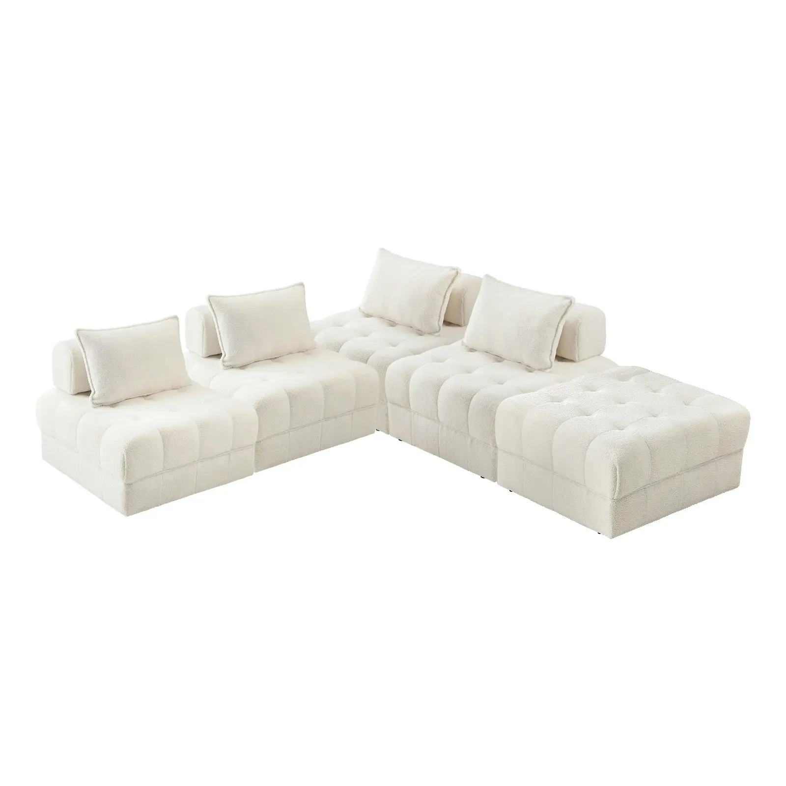 Oikiture 5 Seater Boucle Modular Sofa & Ottoman Set Armless TOFU Back White