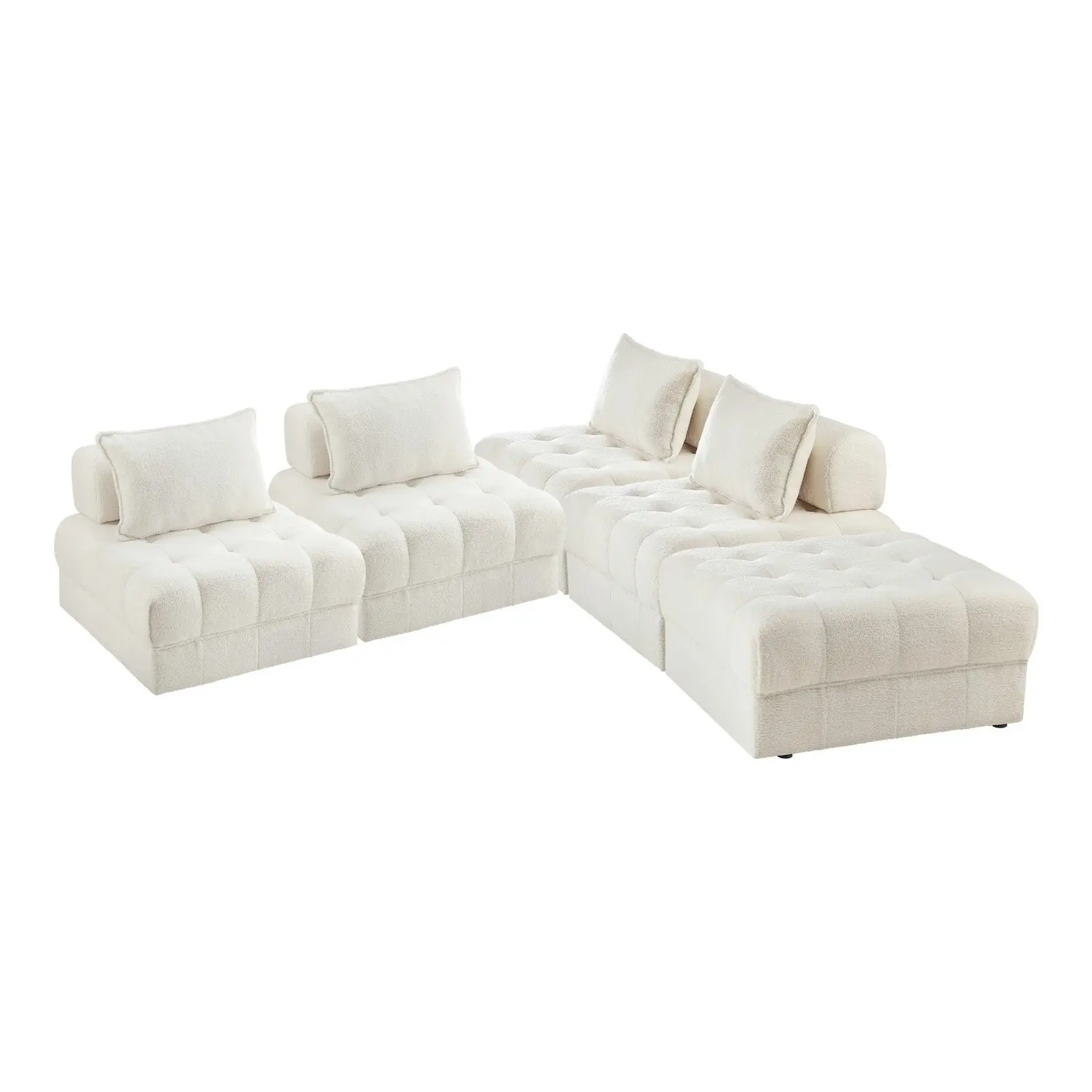 Oikiture 5 Seater Boucle Modular Sofa & Ottoman Set Armless TOFU Back White