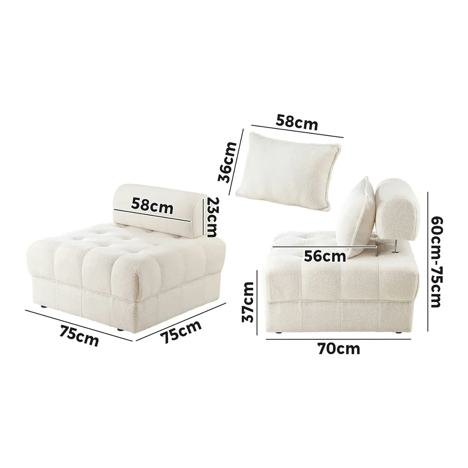 Oikiture 4 Seater Boucle Modular Sofa Lounge Chair Armless TOFU Back White