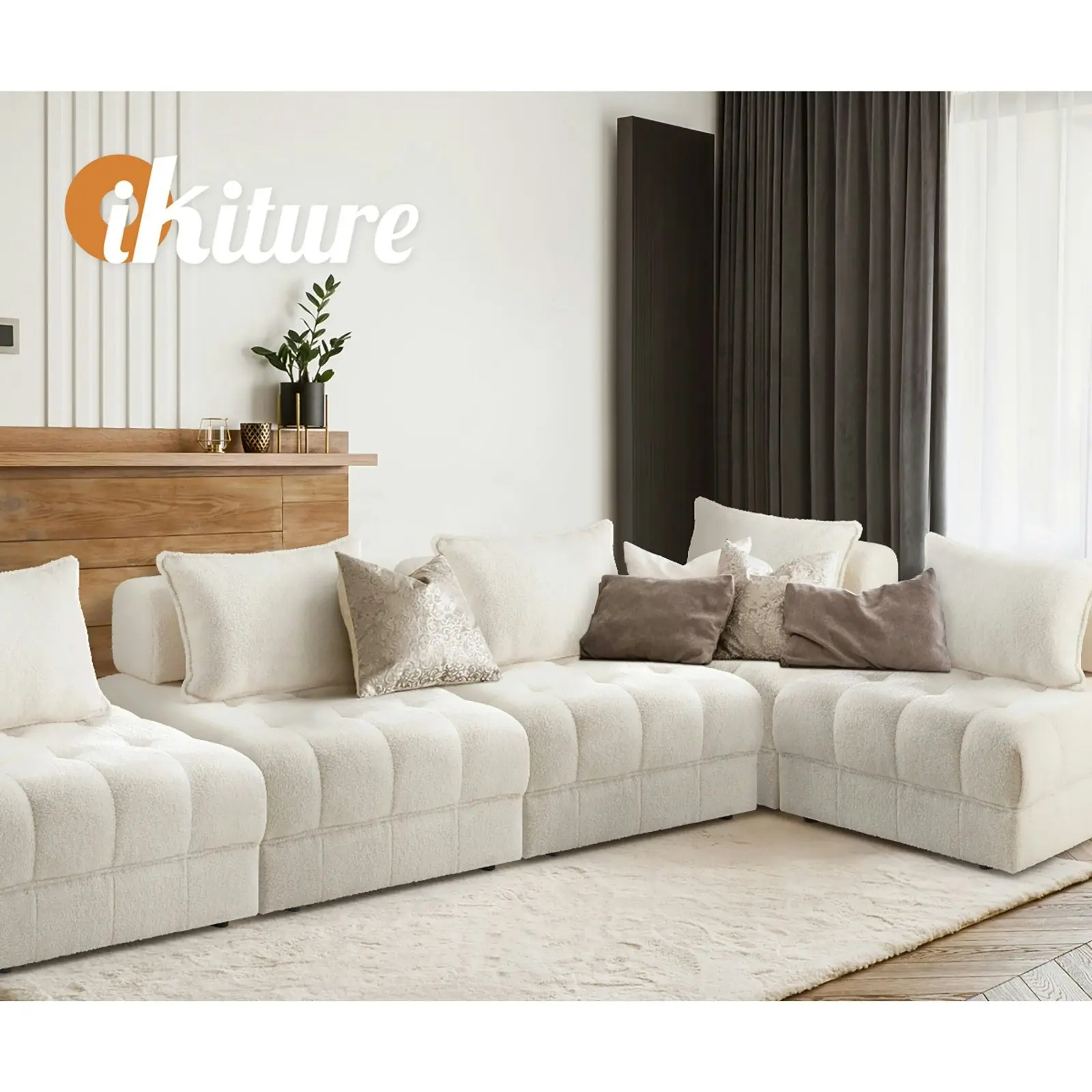 Oikiture 4 Seater Boucle Modular Sofa Lounge Chair Armless TOFU Back White