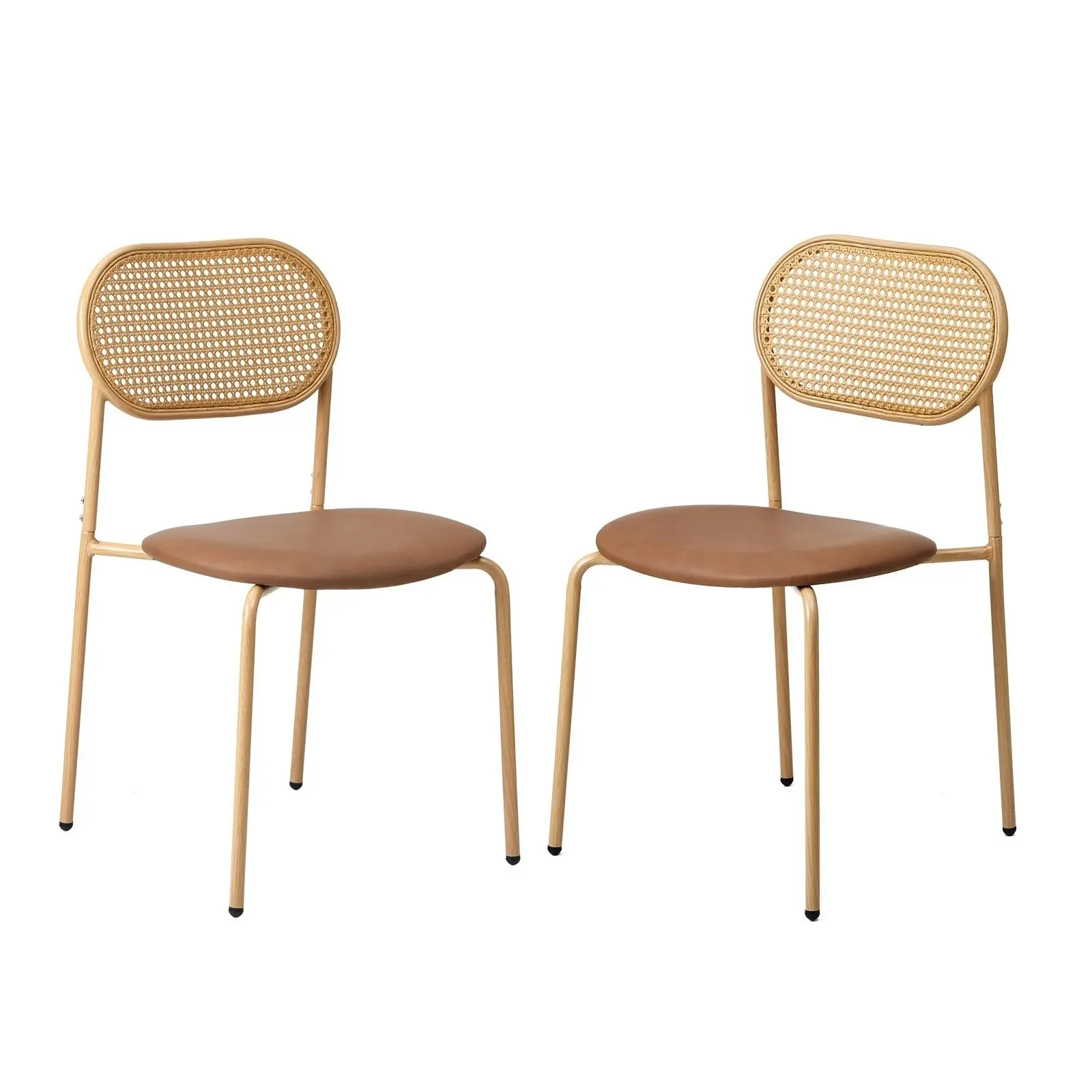 Oikiture 2PCS Dining Chair Accent Chairs Rattan Furniture PU Leather Brown