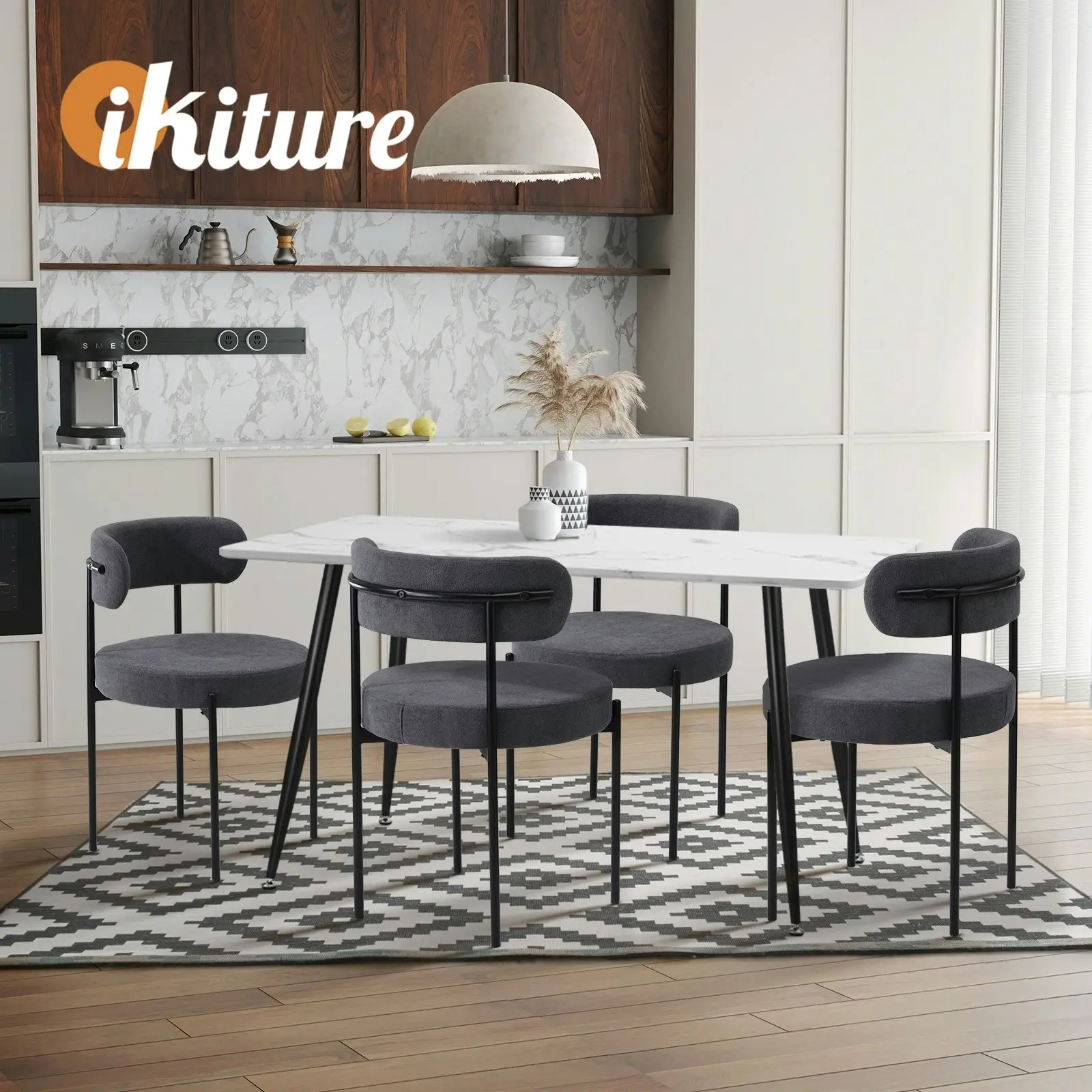 Oikiture 2x Dining Chair Round Boucle Kitchen Lounge Seats Backrest Dark Grey