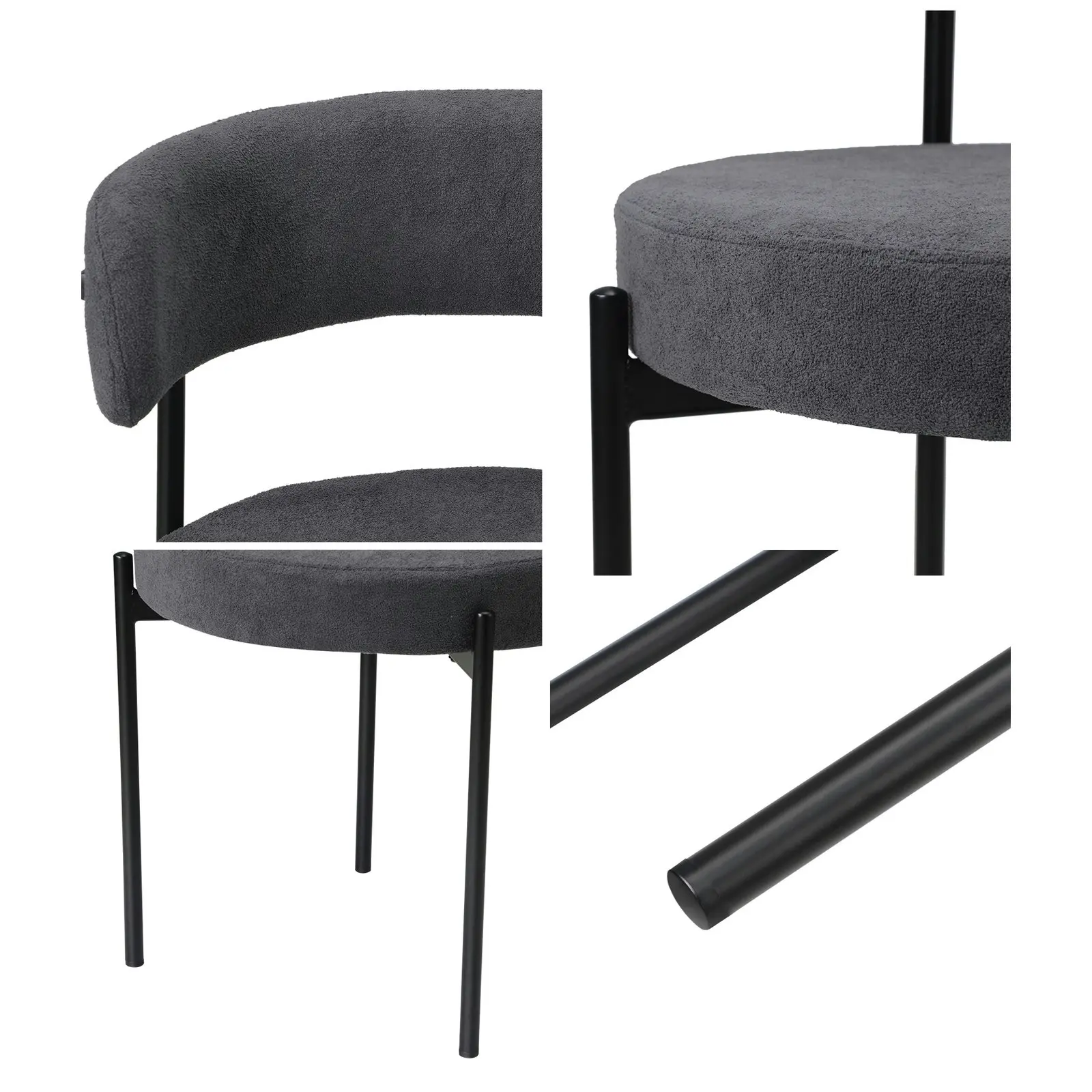 Oikiture 2x Dining Chair Round Boucle Kitchen Lounge Seats Backrest Dark Grey