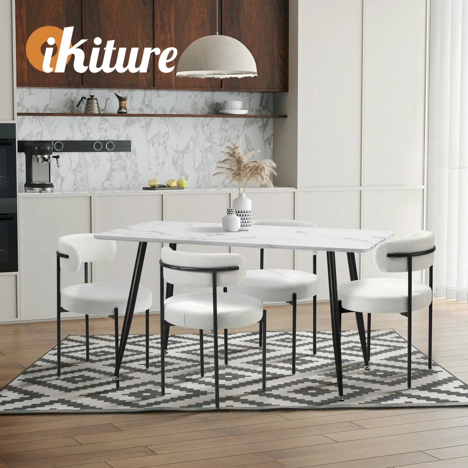 Oikiture 2x Dining Chair Round Boucle Kitchen Lounge Seats Backrest White