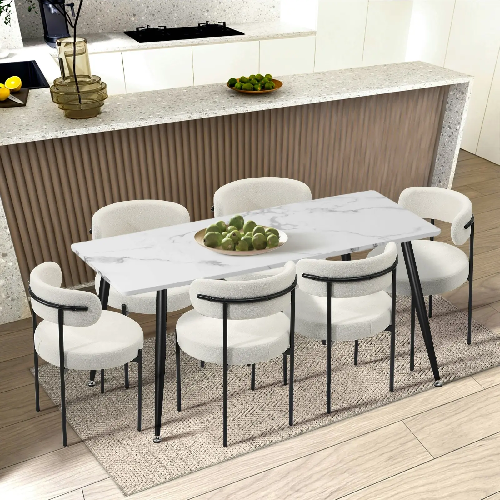 Oikiture 2x Dining Chair Round Boucle Kitchen Lounge Seats Backrest White