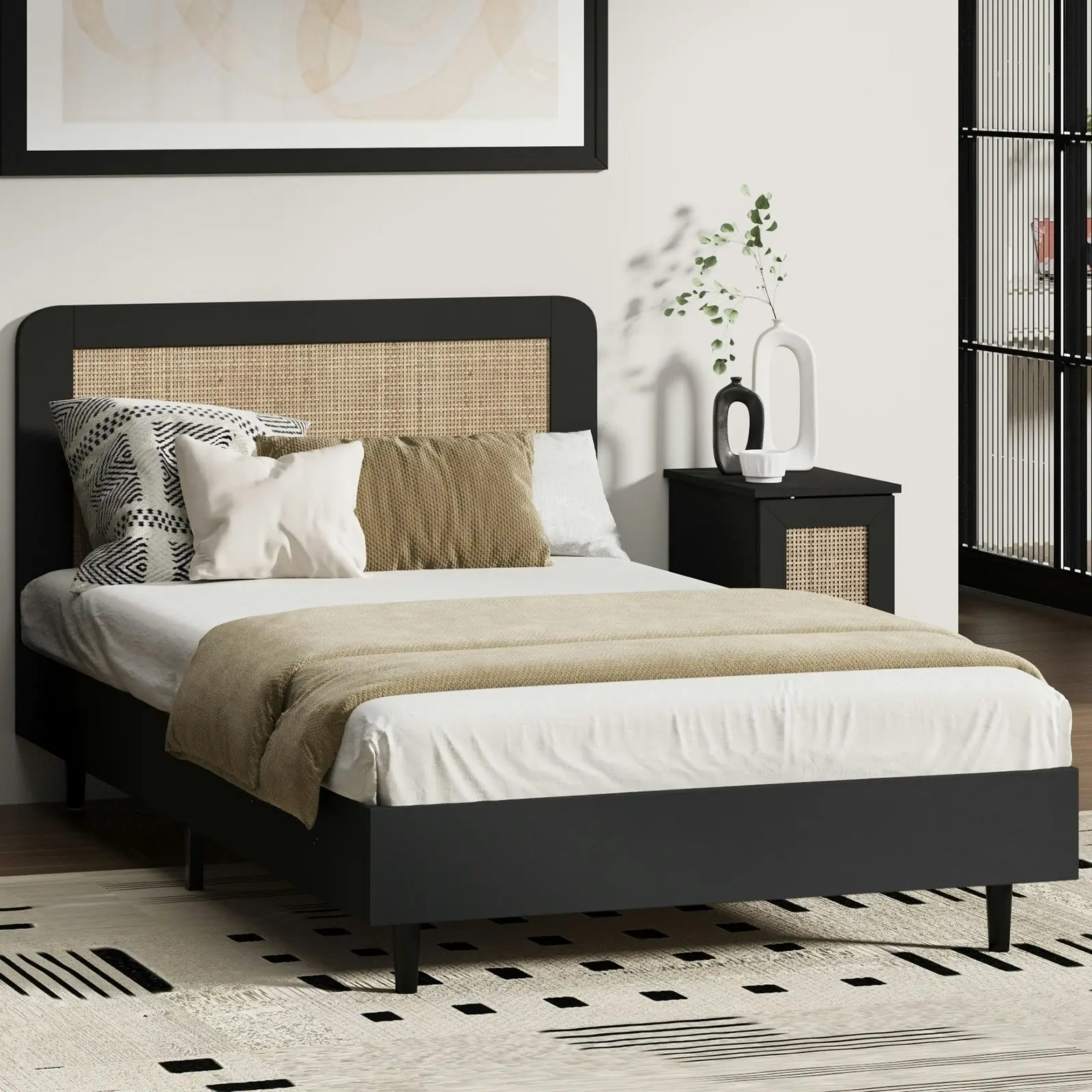 Oikiture Bed Frame Wooden Bed Frame Black-King Single