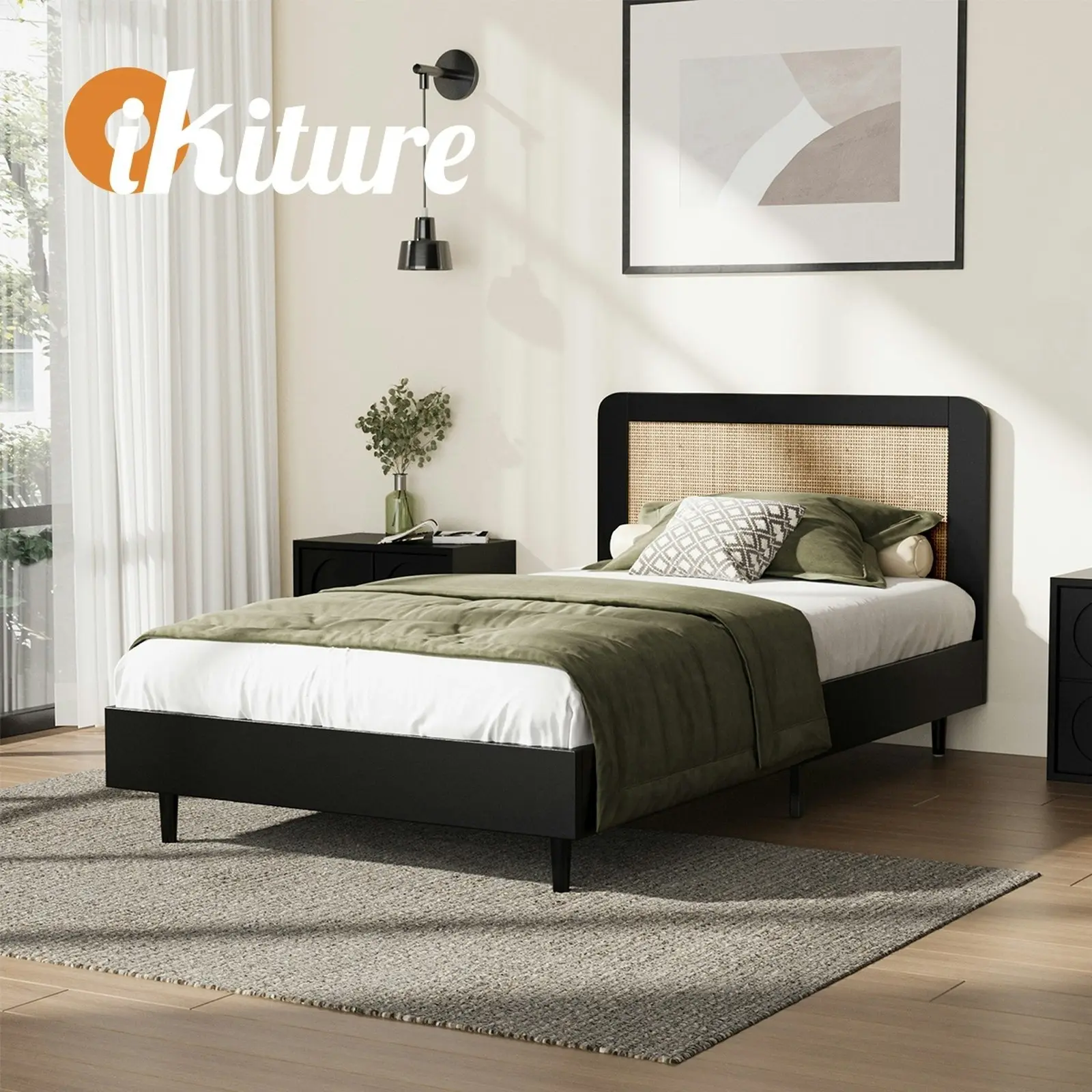 Oikiture Bed Frame Wooden Bed Frame Black-King Single