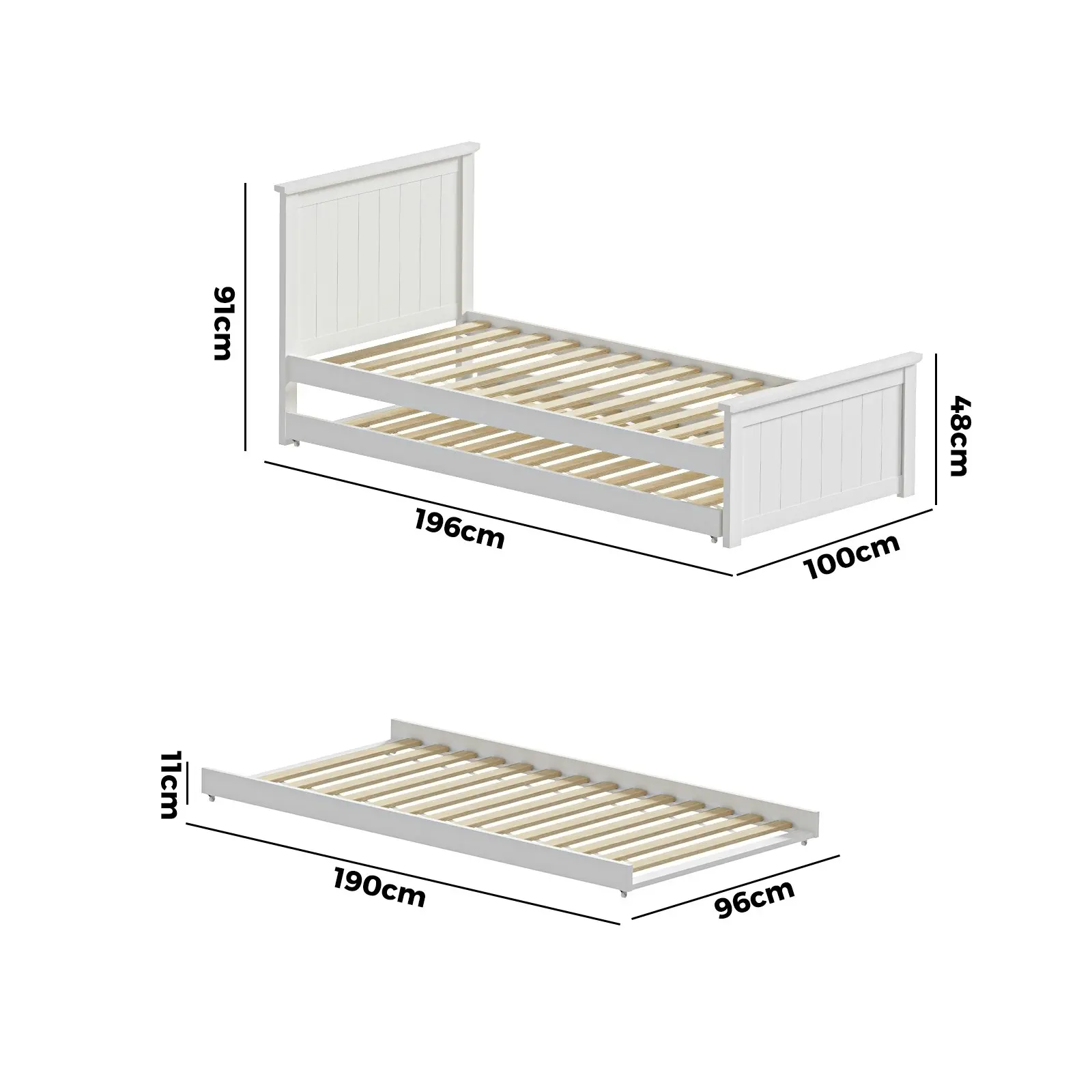 Oikiture Trundle Bed Frame Daybed Single Size Timber Wooden Single Beds x2 White