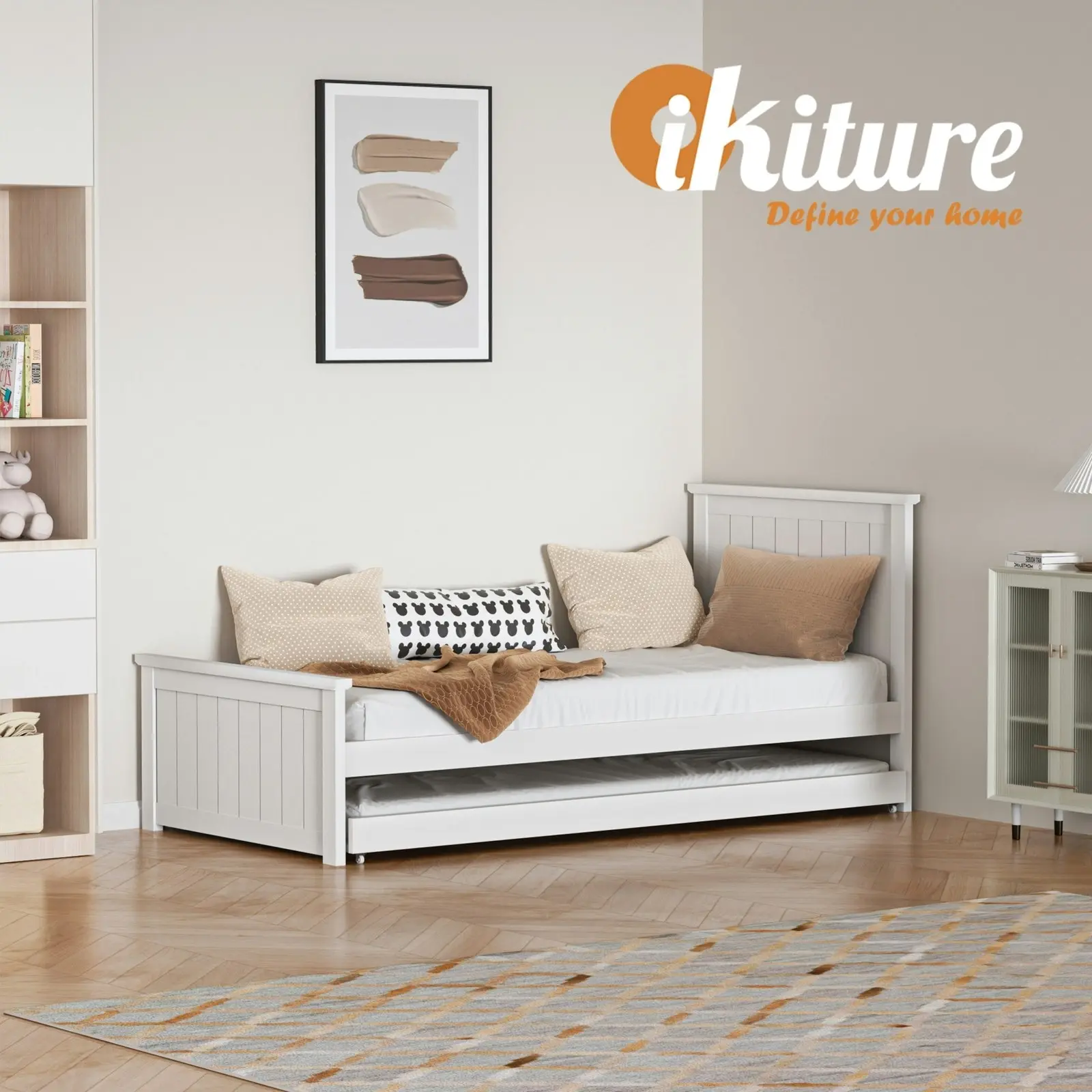 Oikiture Trundle Bed Frame Daybed Single Size Timber Wooden Single Beds x2 White