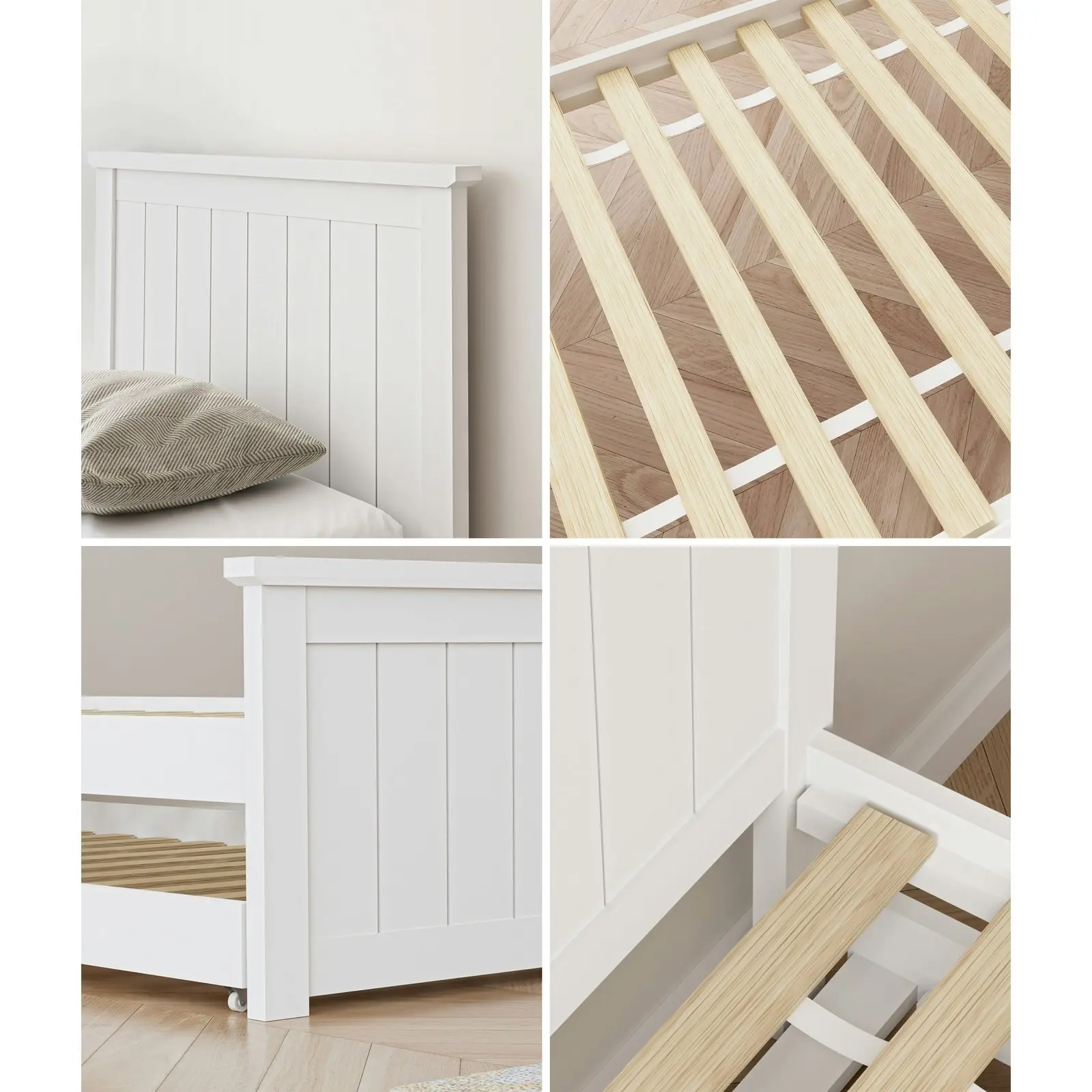 Oikiture Trundle Bed Frame Daybed Single Size Timber Wooden Single Beds x2 White