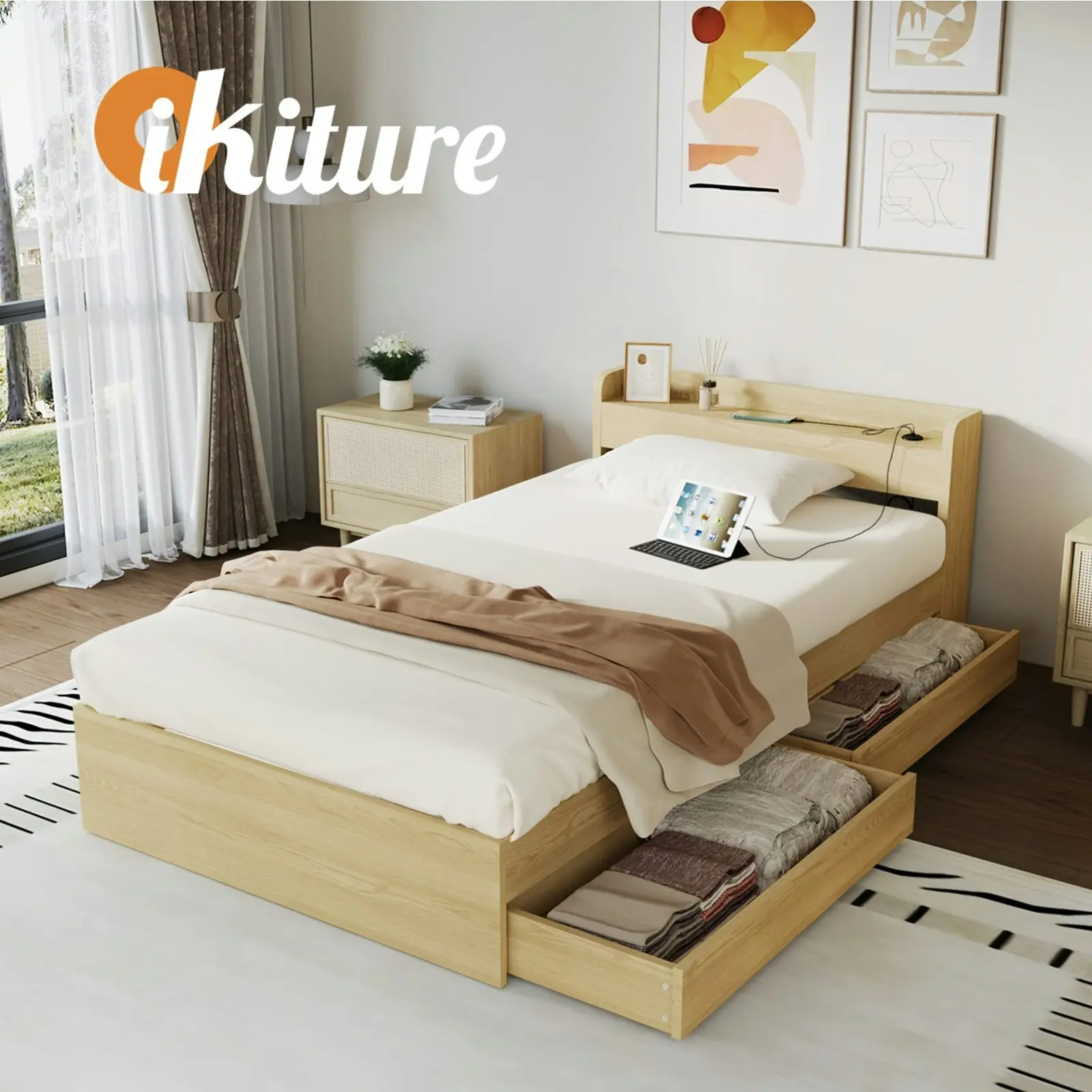 Oikiture Bed Frame Single Size With Charging Port 2 Drawers MEXI