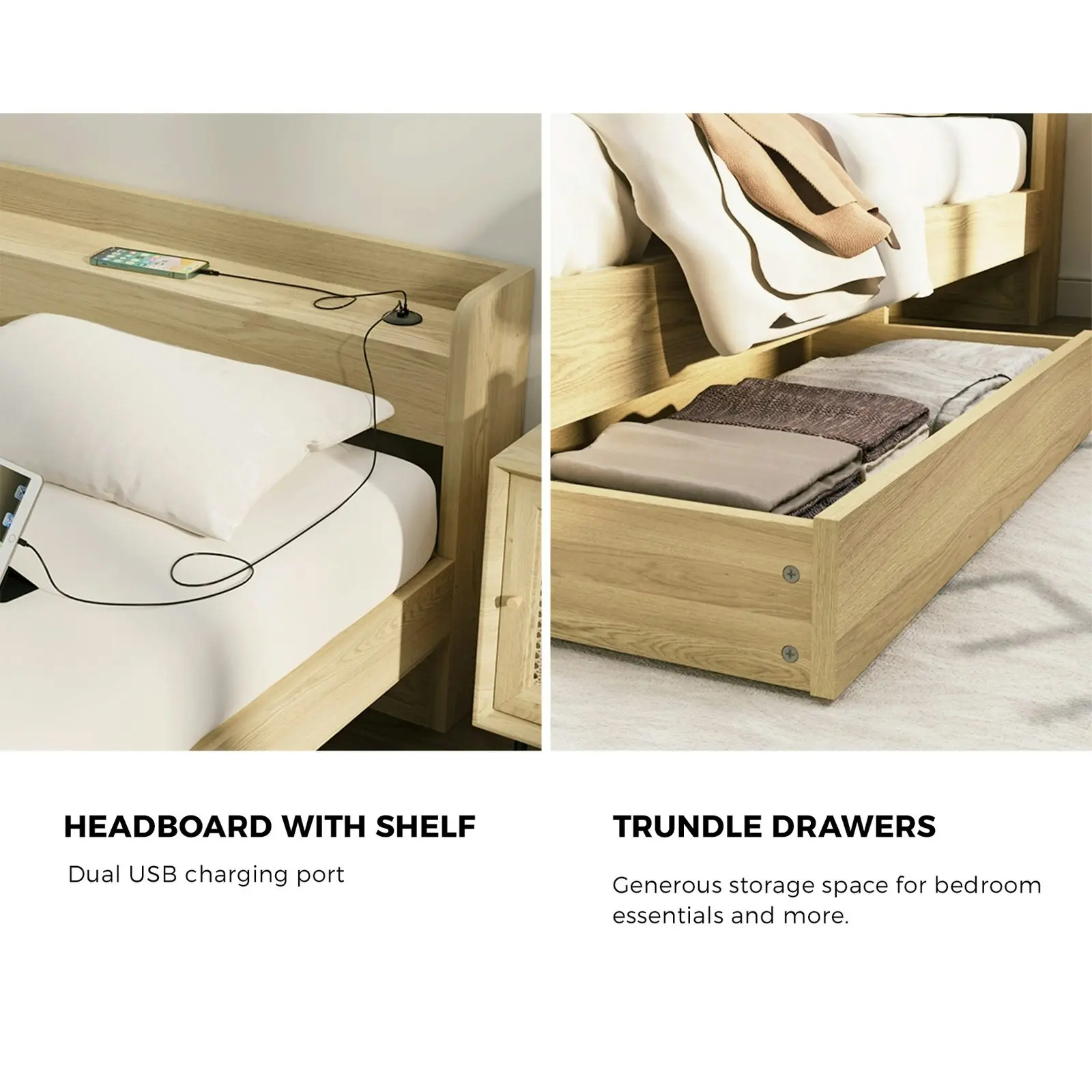 Oikiture Bed Frame Single Size With Charging Port 2 Drawers MEXI