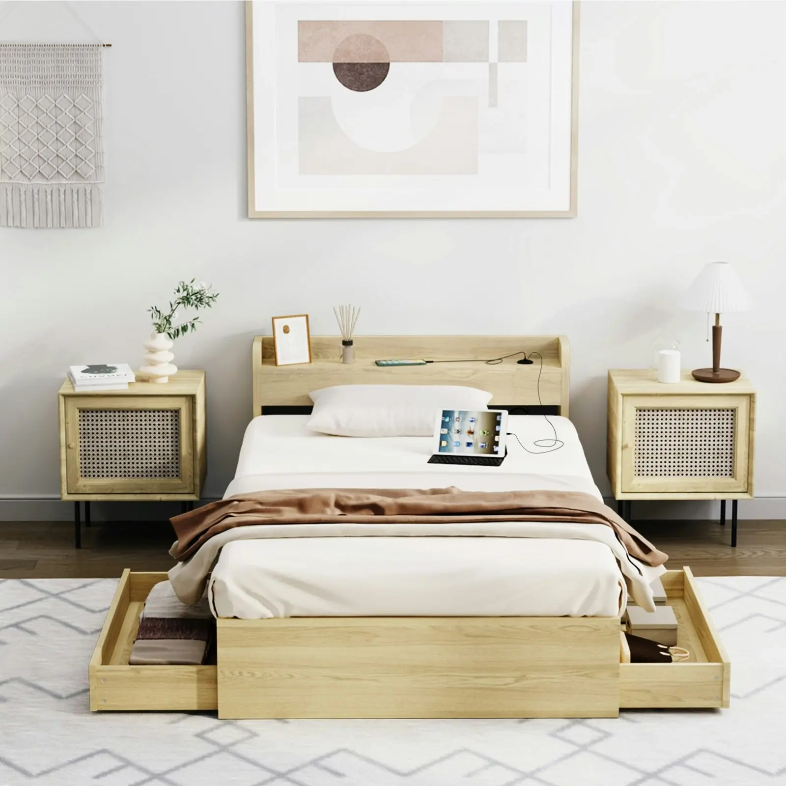 Oikiture Bed Frame Single Size With Charging Port 2 Drawers MEXI