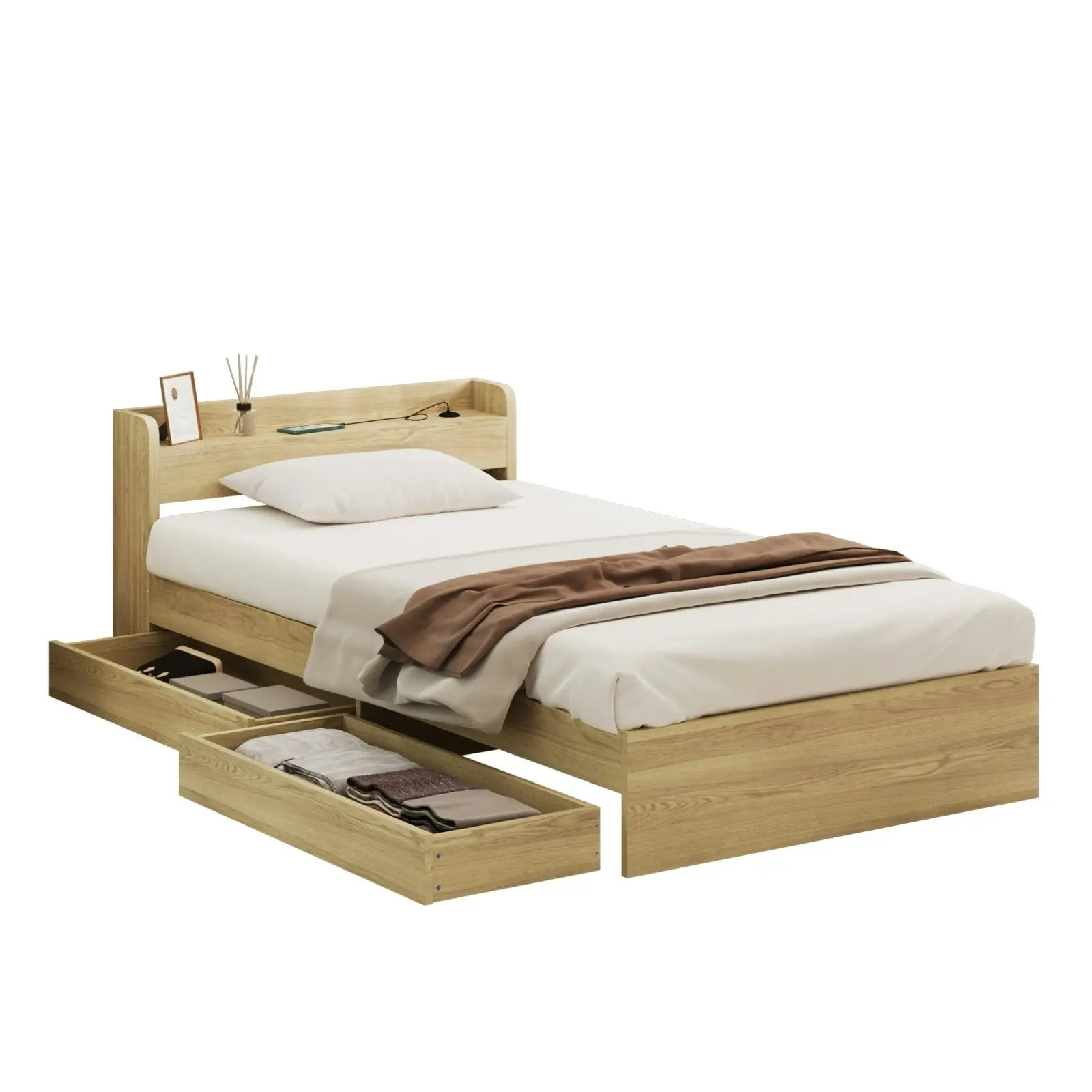 Oikiture Bed Frame Single Size With Charging Port 2 Drawers MEXI