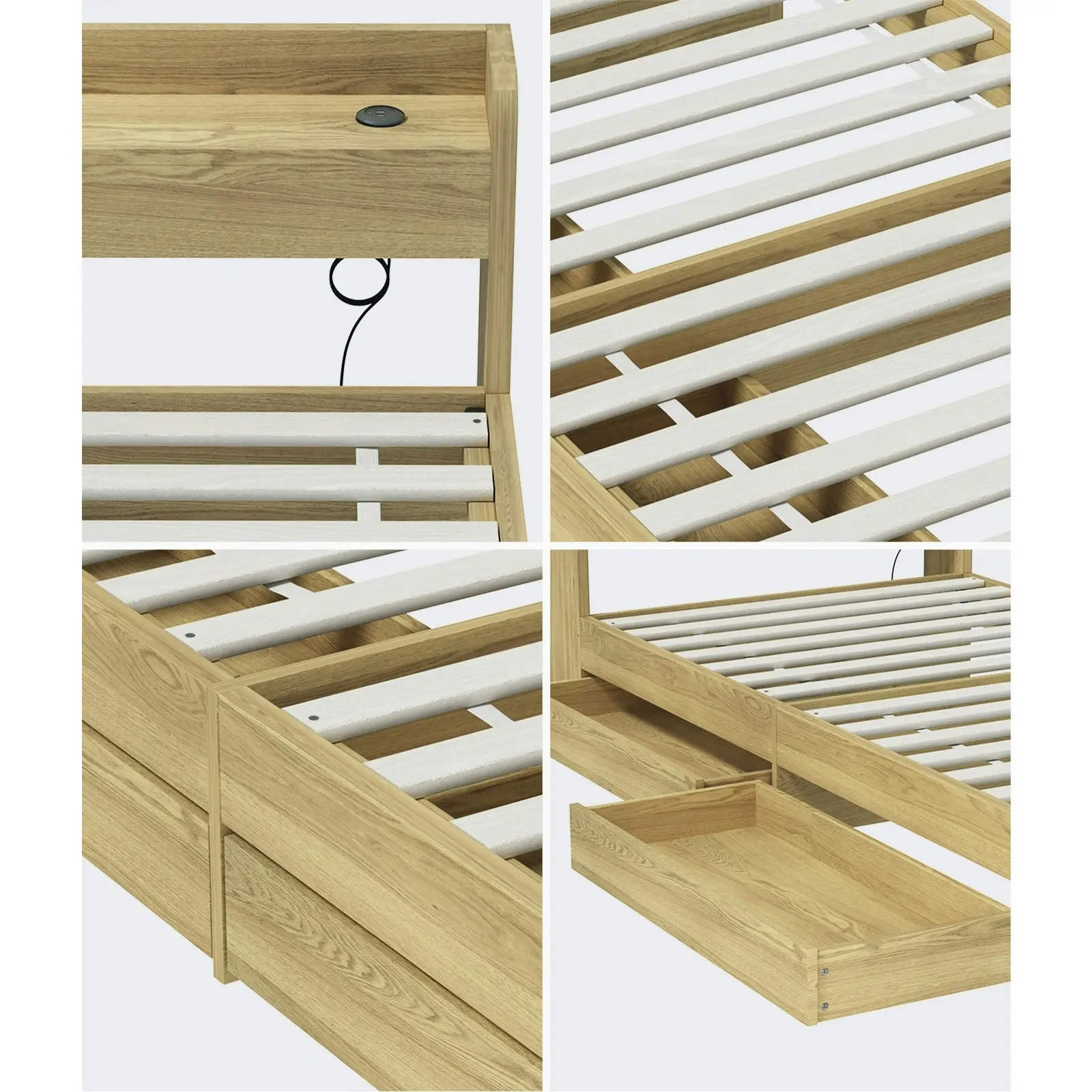 Oikiture Bed Frame Single Size With Charging Port 2 Drawers MEXI