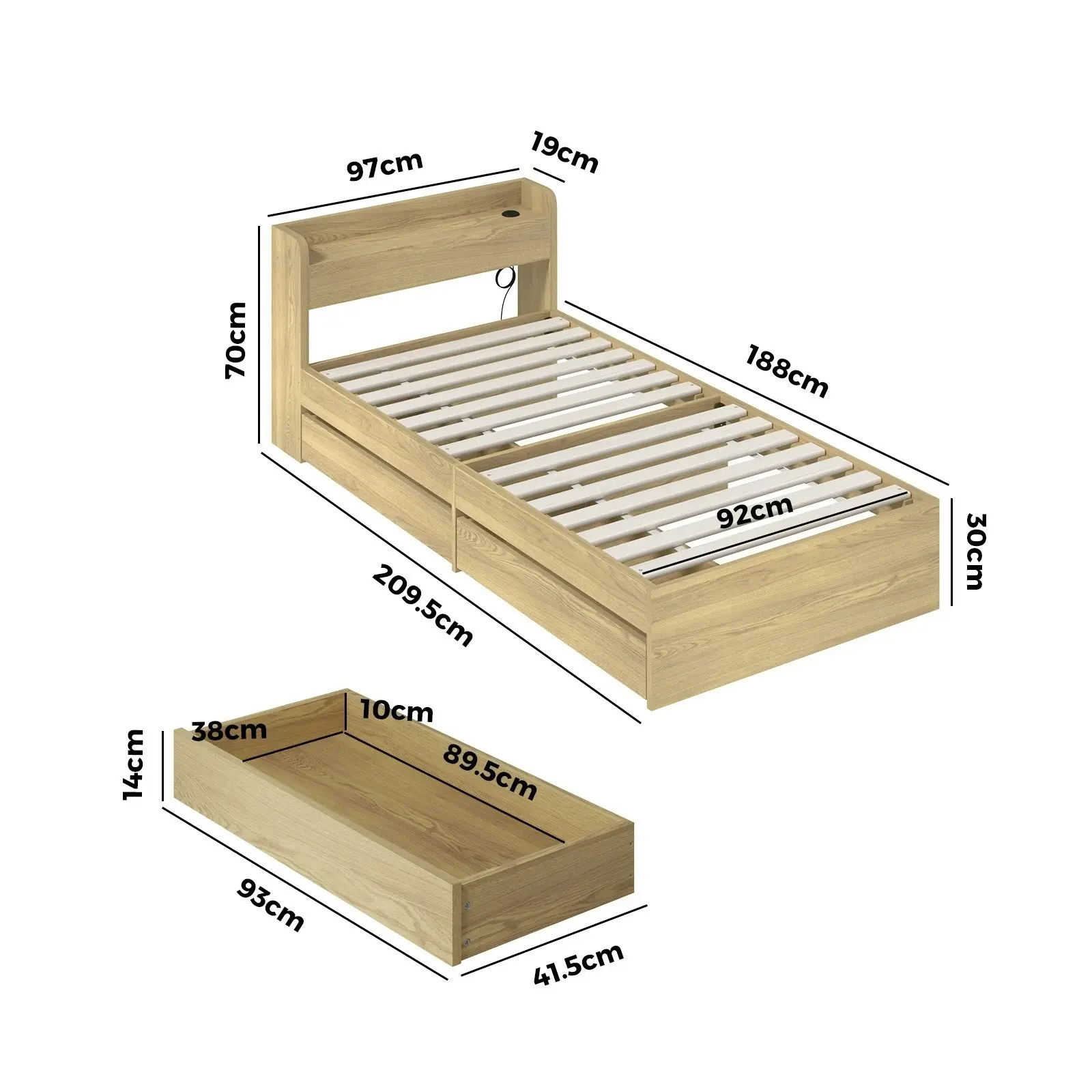 Oikiture Bed Frame Single Size With Charging Port 2 Drawers MEXI