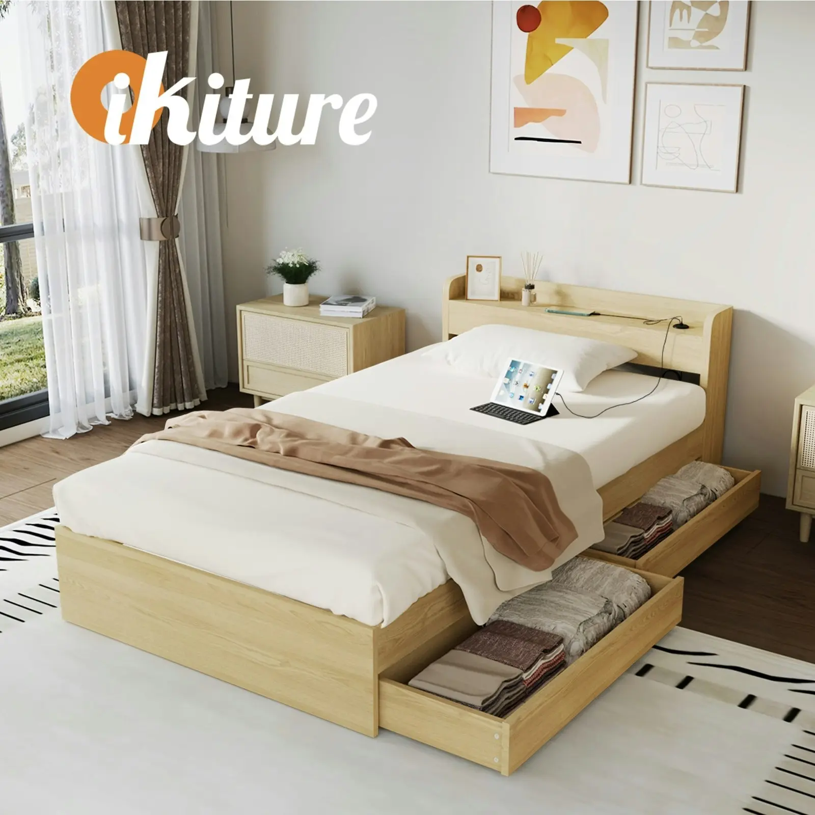 Oikiture Bed Frame King Single Size With Charging Port 2 Drawers MEXI