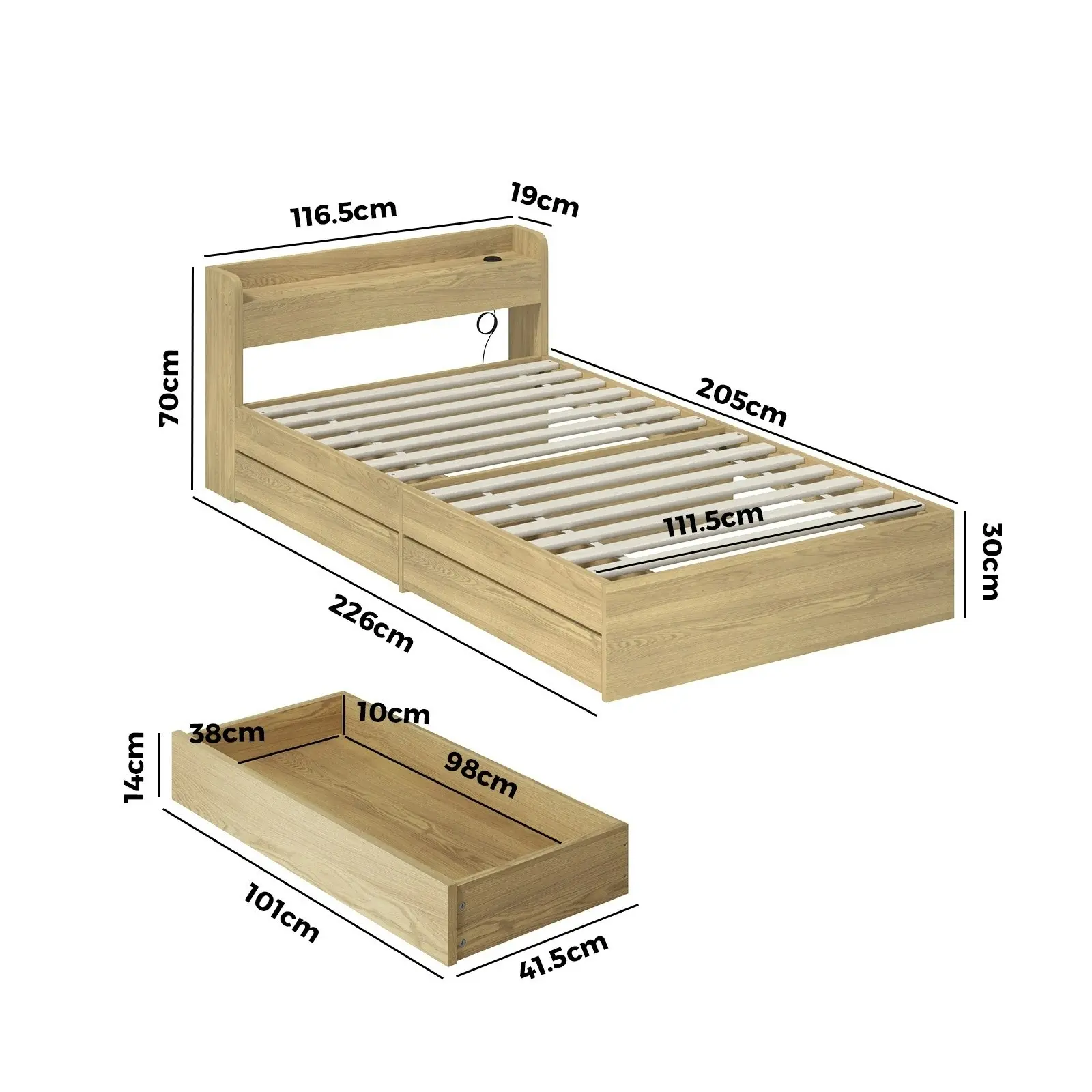 Oikiture Bed Frame King Single Size With Charging Port 2 Drawers MEXI