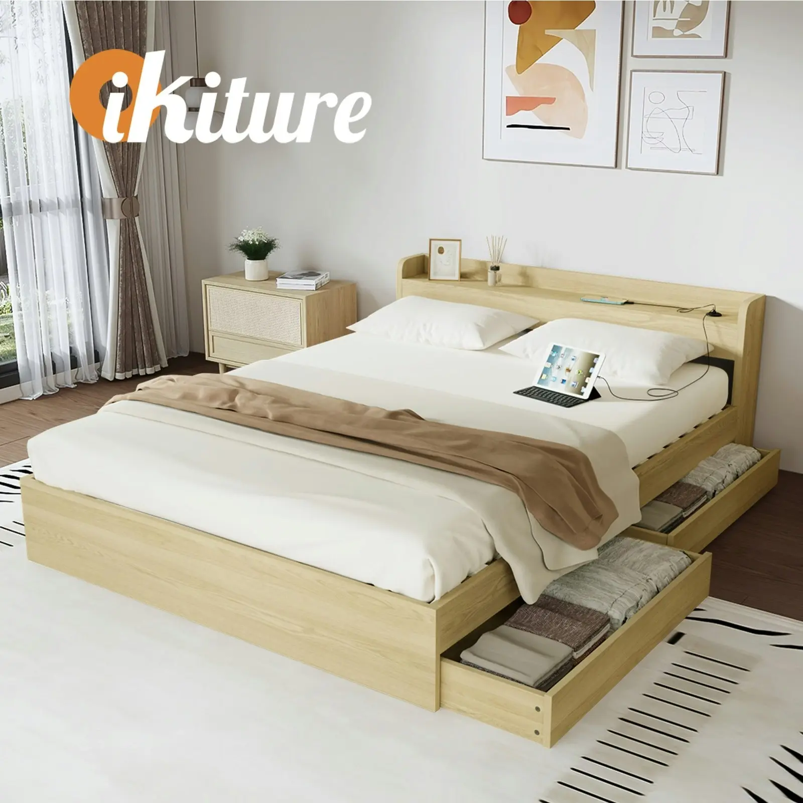 Oikiture Bed Frame Queen Size With Charging Port 2 Drawers MEXI