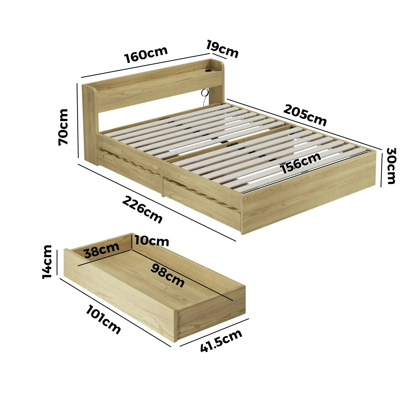 Oikiture Bed Frame Queen Size With Charging Port 2 Drawers MEXI