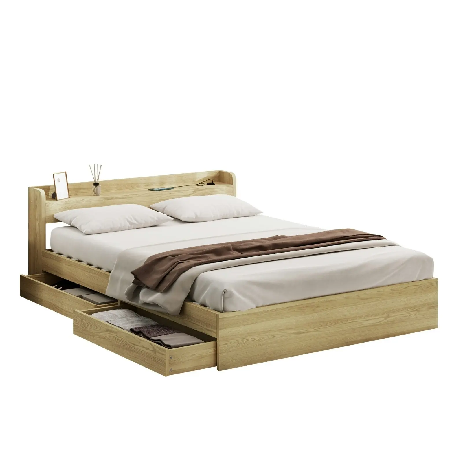 Oikiture Bed Frame Double Size With Charging Port 2 Drawers MEXI