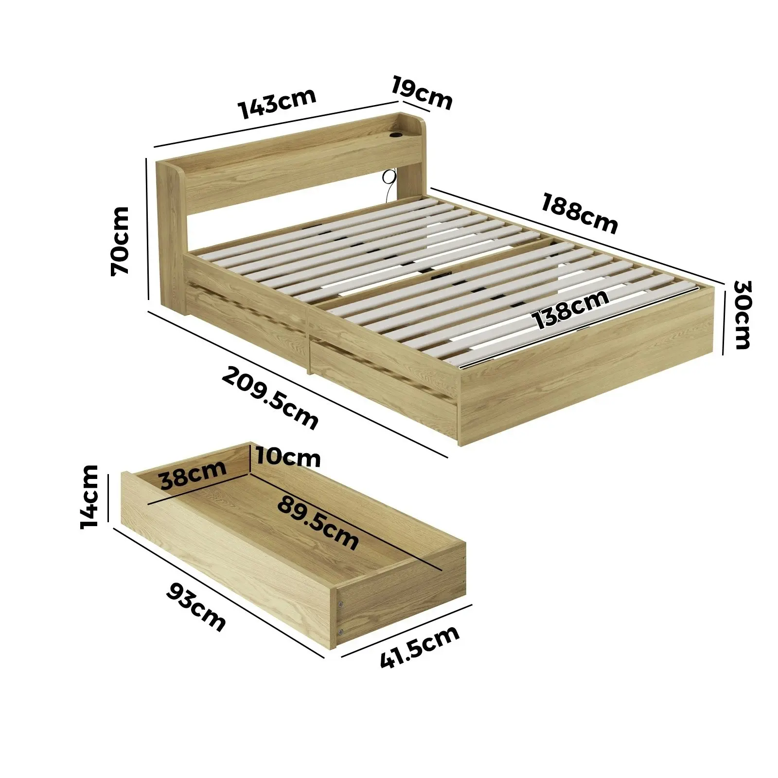 Oikiture Bed Frame Double Size With Charging Port 2 Drawers MEXI