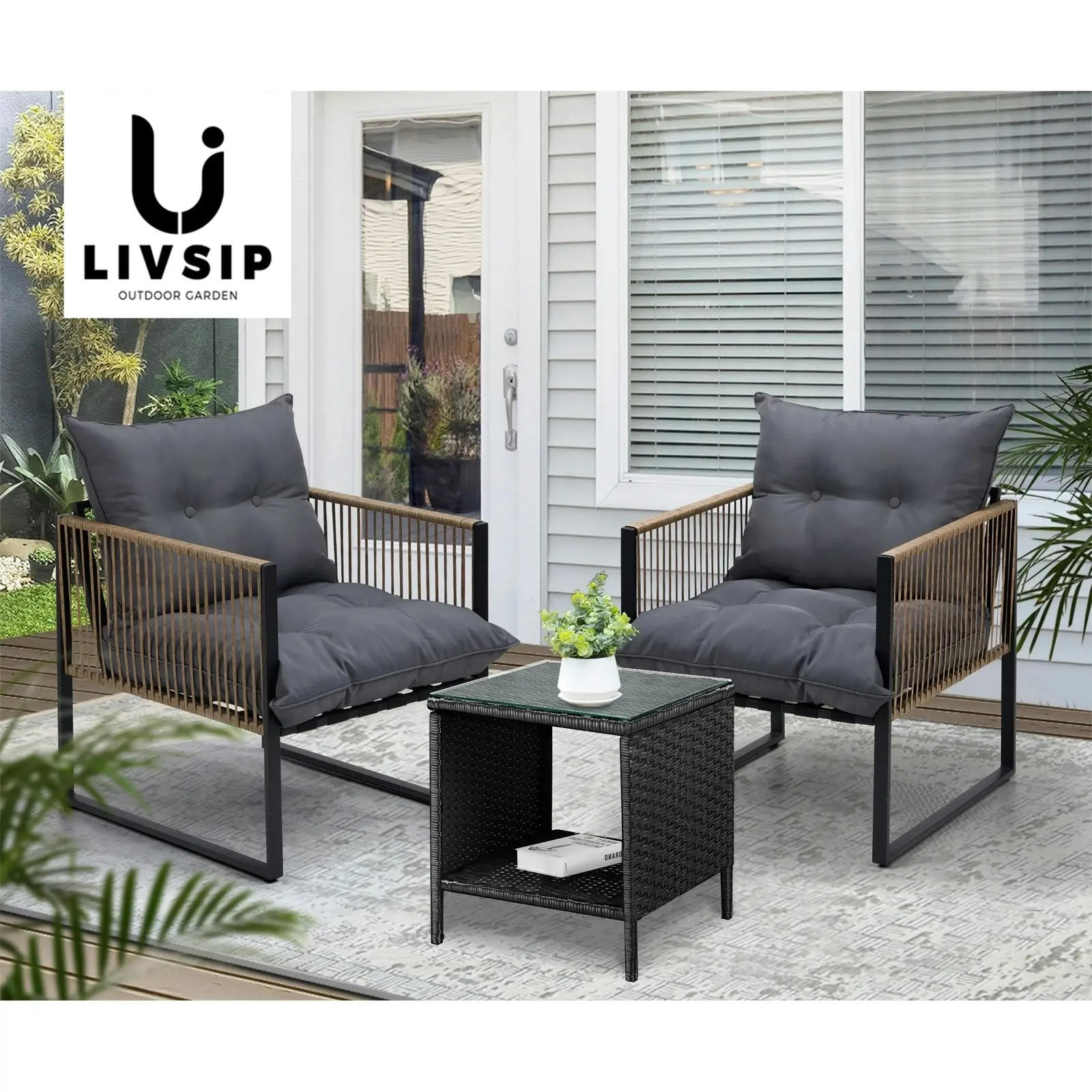 Livsip 2 Seater Outdoor Patio Set Rattan Table Garden Lounge Setting Furniture