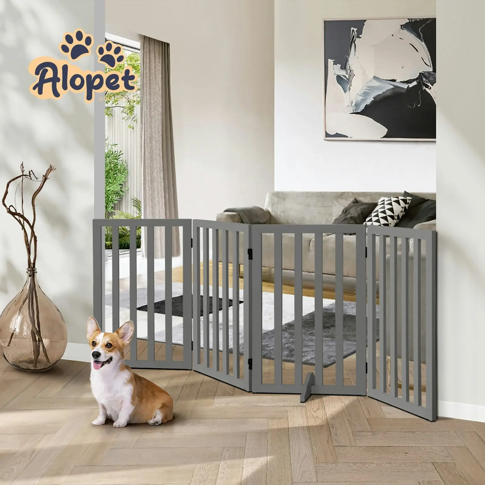 Alopet Wooden Pet Gate Dog Fence 189x80cm 4 Panels Safety Stair Barrier Security Door