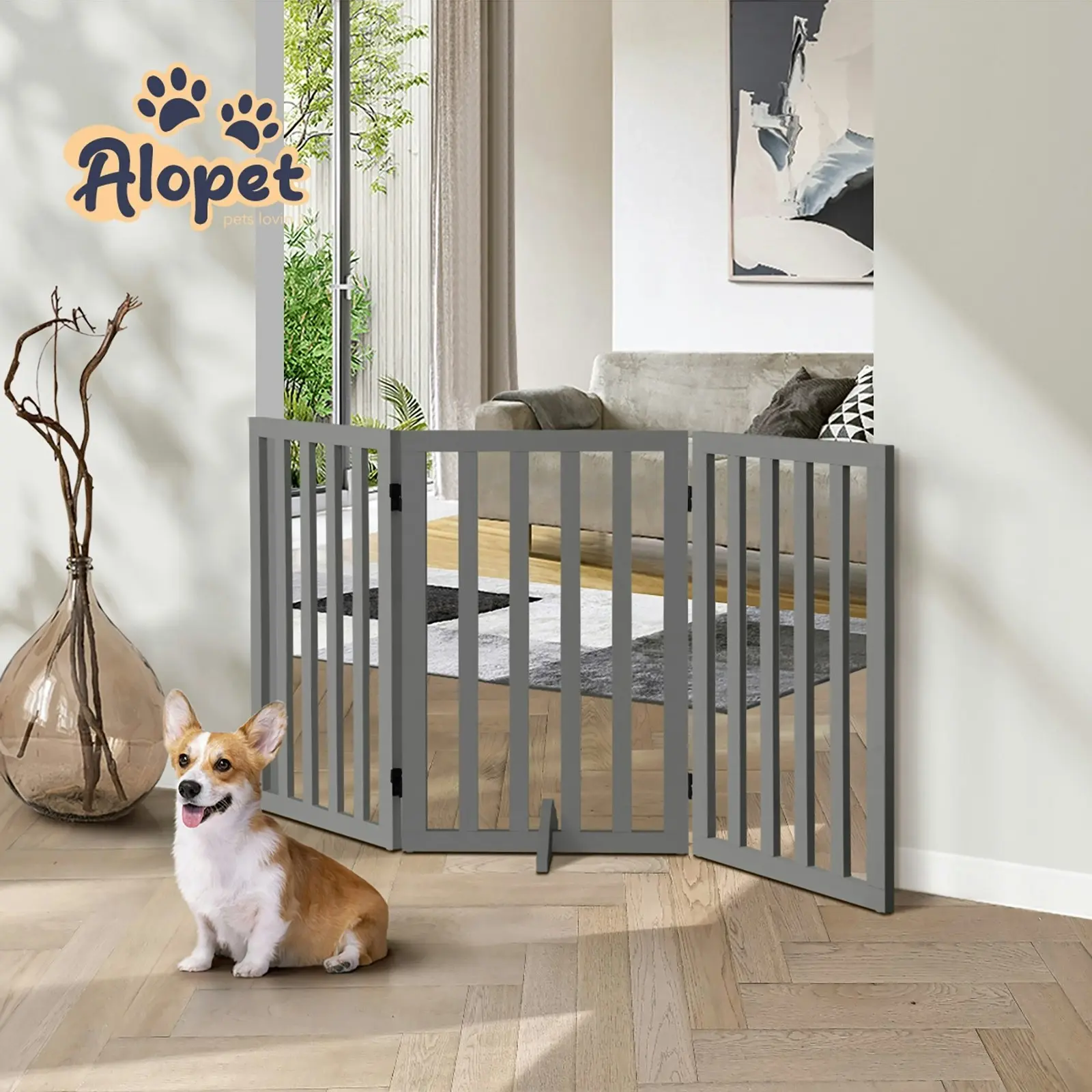 Alopet Wooden Pet Gate Dog Fence 142x80cm 3 Panels Safety Stair Barrier Security Door