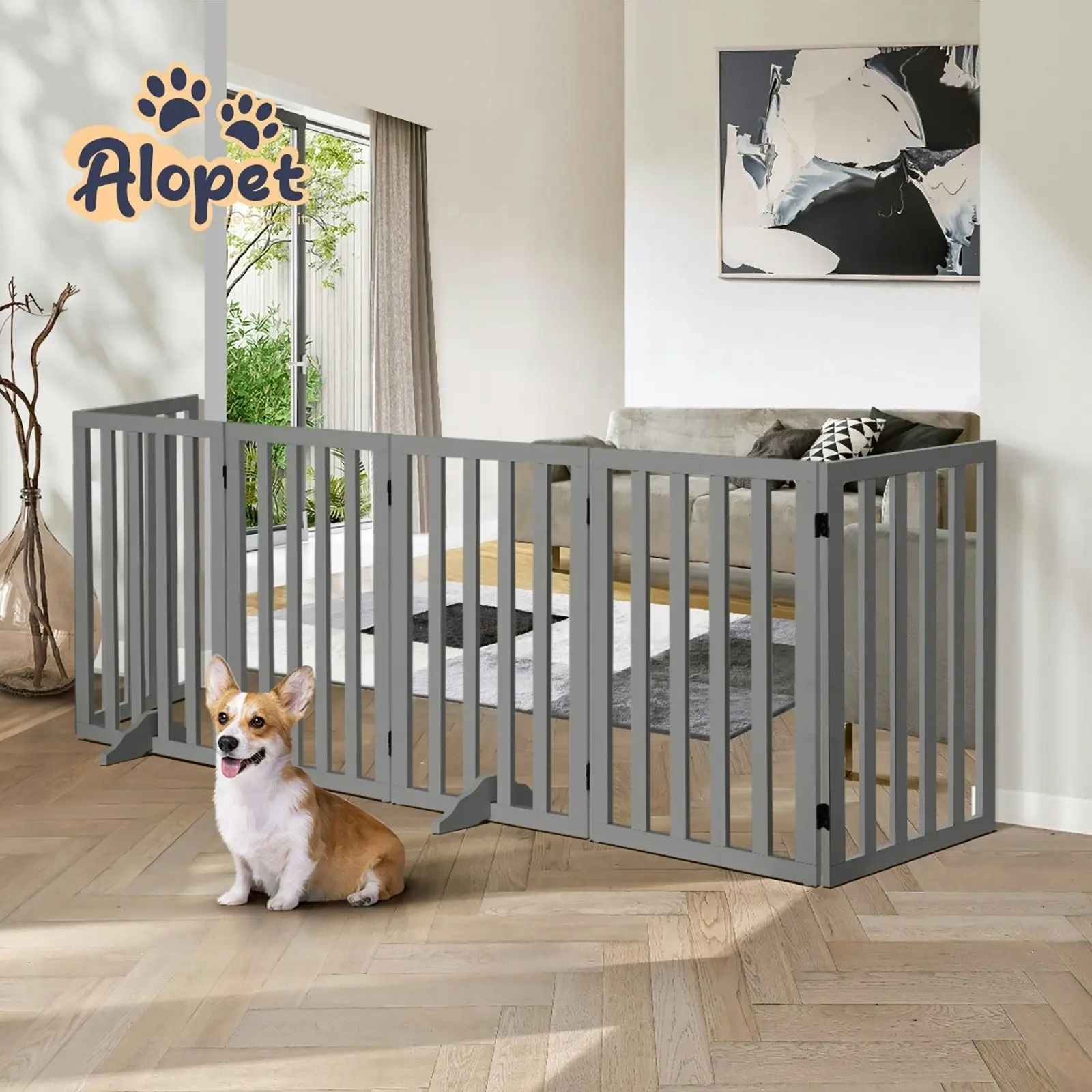 Alopet Wooden Pet Gate Dog Fence 284x80cm 6 Panels Safety Stair Barrier Security Door