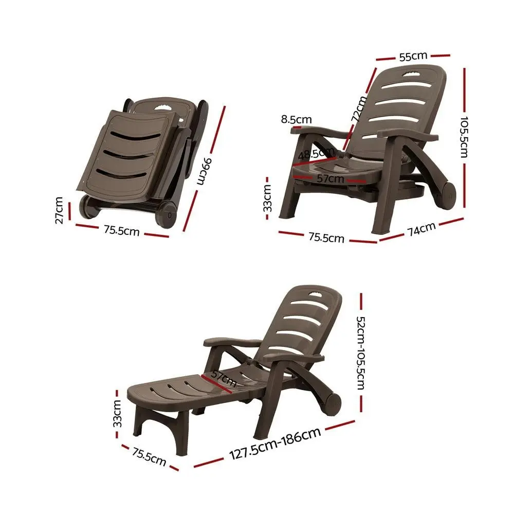 Gardeon Sun Lounger Folding Lounge Chair Wheels Patio Outdoor Furniture Brown