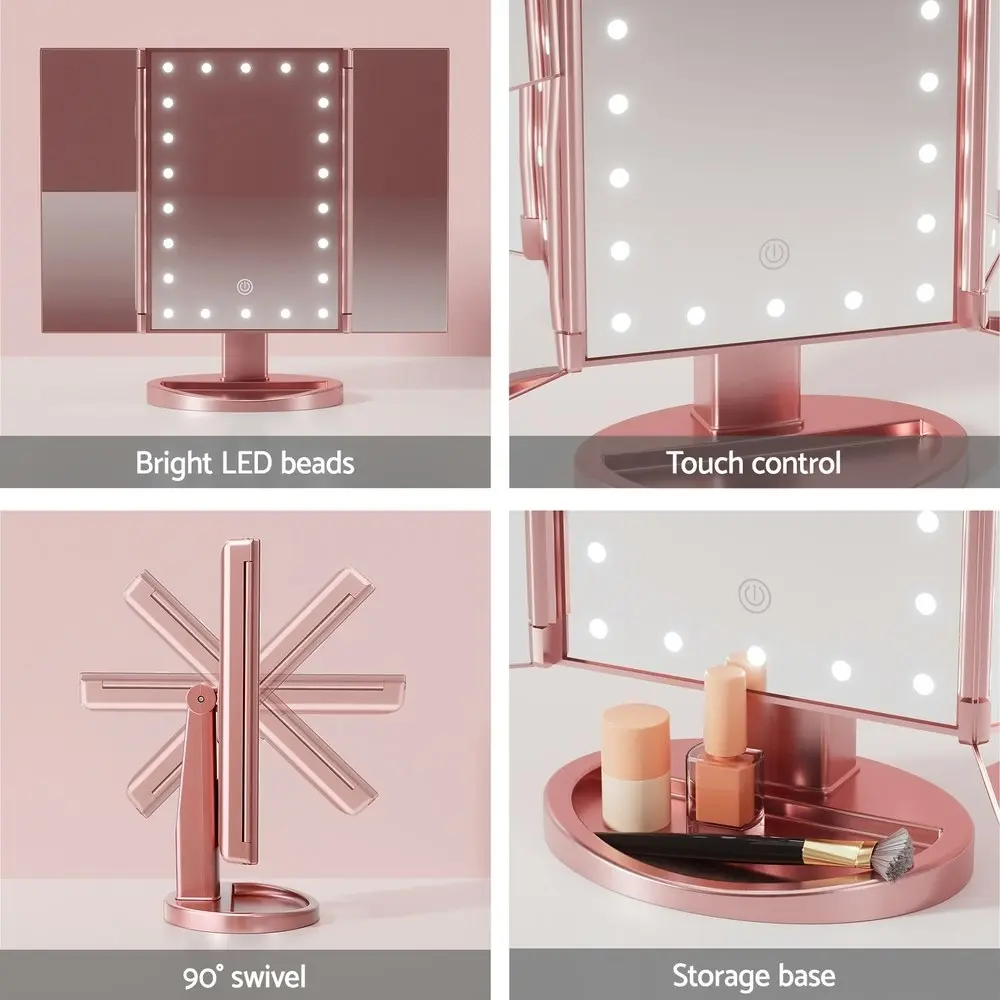 Embellir Tri-fold Makeup Mirror 1X2X3X Magnifying with LED Light Travel Portable Pink