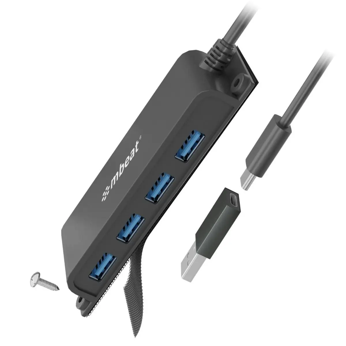 mBeat Mountable 4 Port Usb-a & Usb-c Adapter Hub - Black