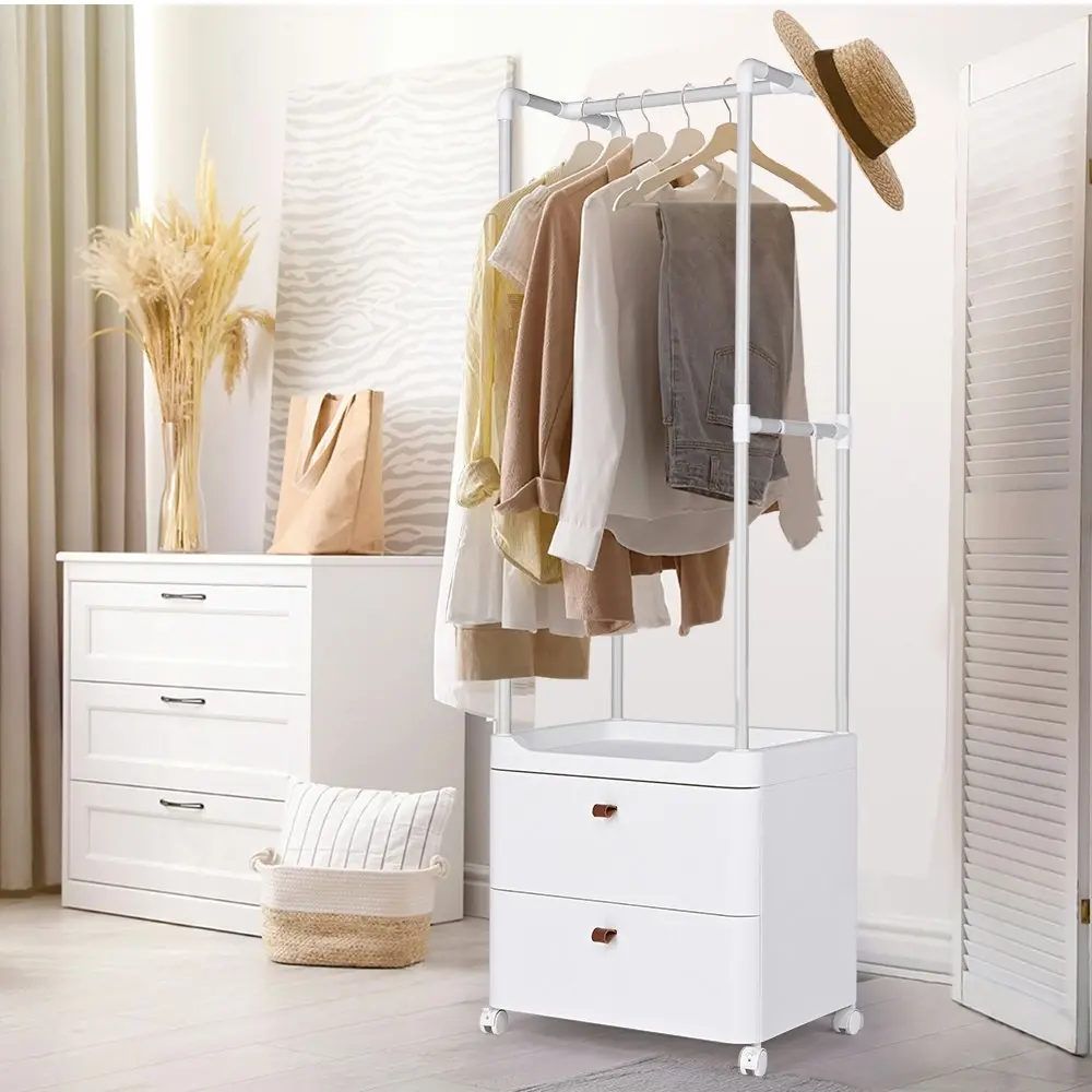 Furb Clothe Rack 3-In-1 Coat Rack Storage Stand Rolling Storage Cart White Small