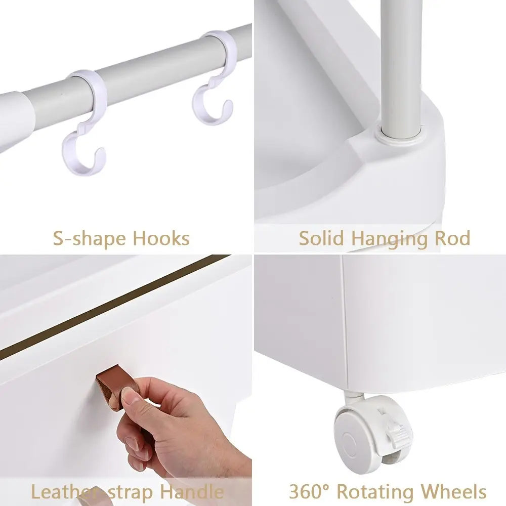 Furb Clothe Rack 3-In-1 Coat Rack Storage Stand Rolling Storage Cart White Small