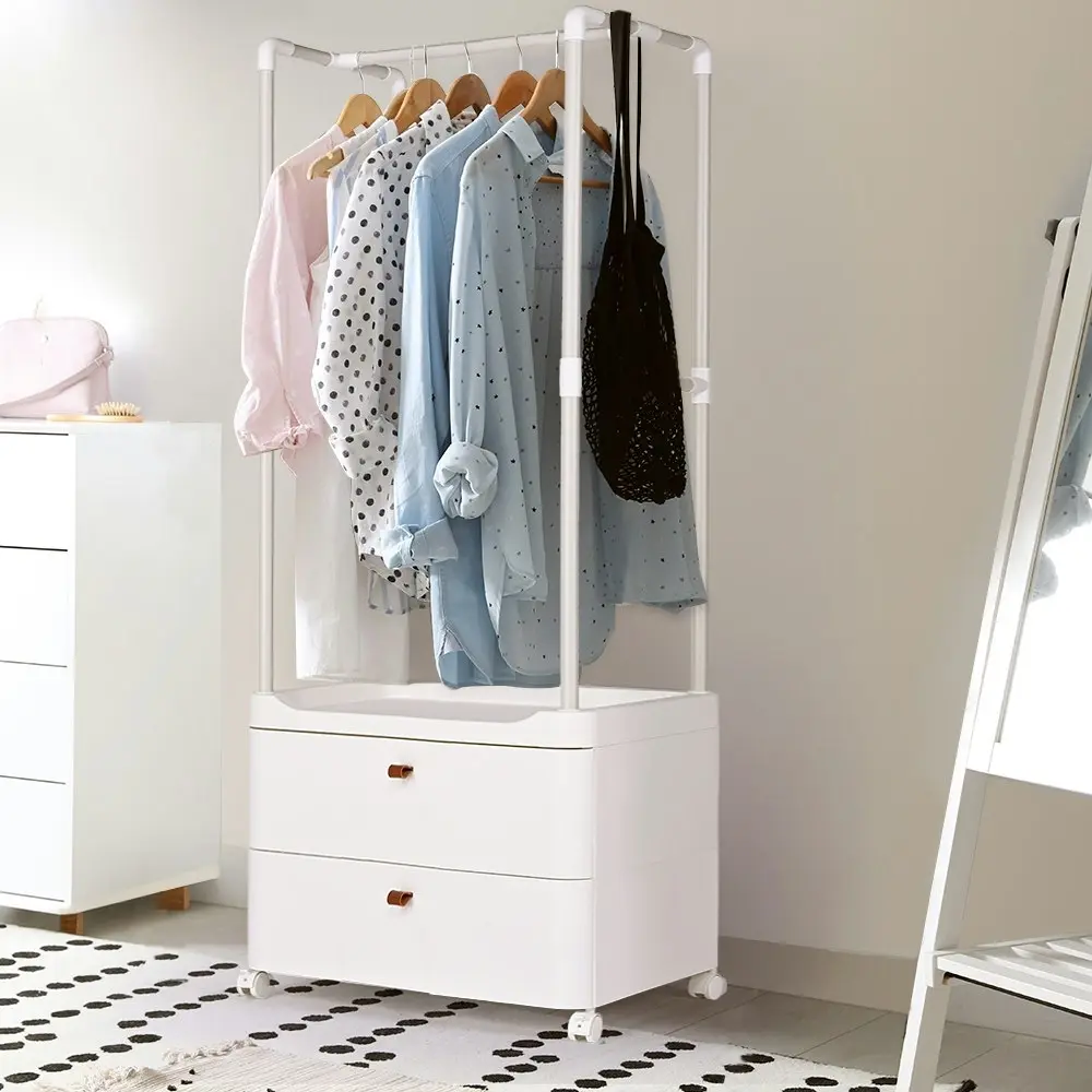 Furb Clothes Rack 3-In-1 Coat Rack Storage Stand Rolling Storage Cart White