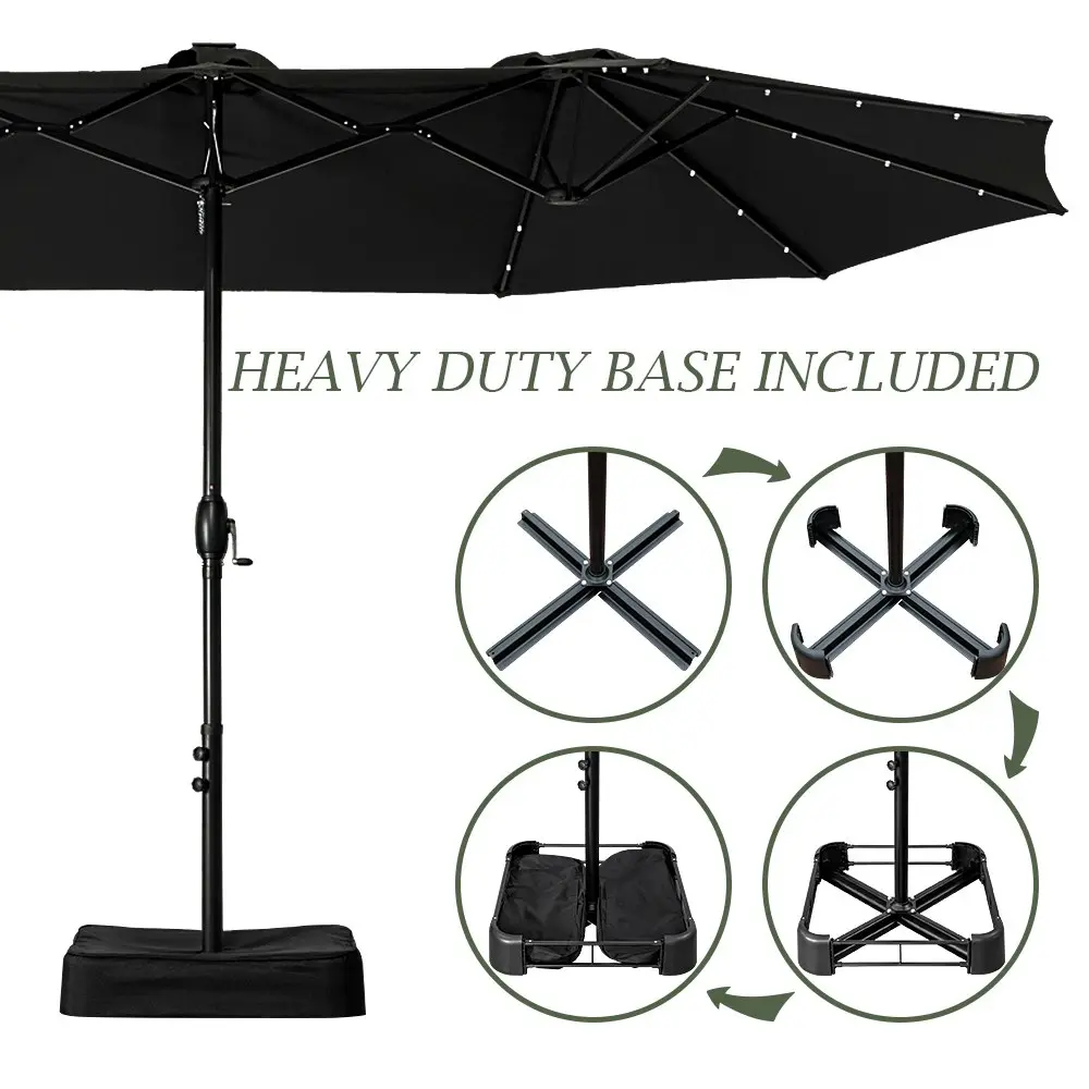 Groverdi 4.6M Large Double-Sided Outdoor Patio Umbrella with Solar Lights & Base